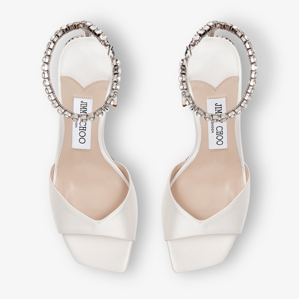 Saeda Sandal 85 | Ivory Satin Block Heel Sandals with Crystal Chain ...