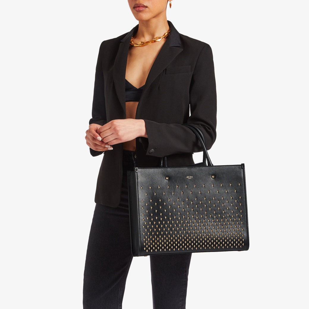 AVENUE S TOTE, Black Leather Tote Bag with Studs