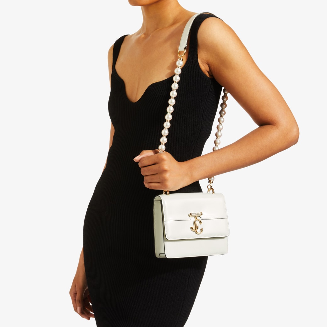 Latte Box Leather Shoulder Bag with Pearl Strap | AVENUE QUAD XS 