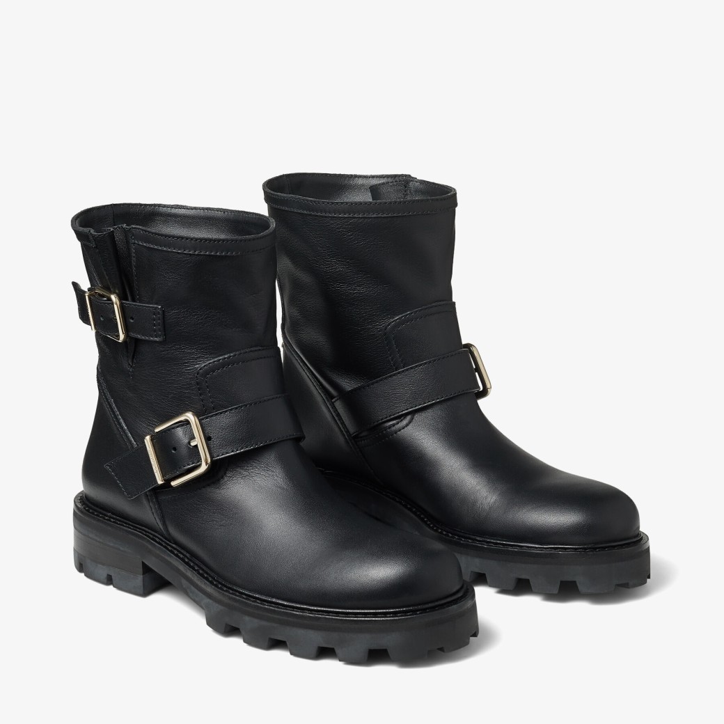 Black Smooth Leather Biker Boots with Gold Buckles | YOUTH II 