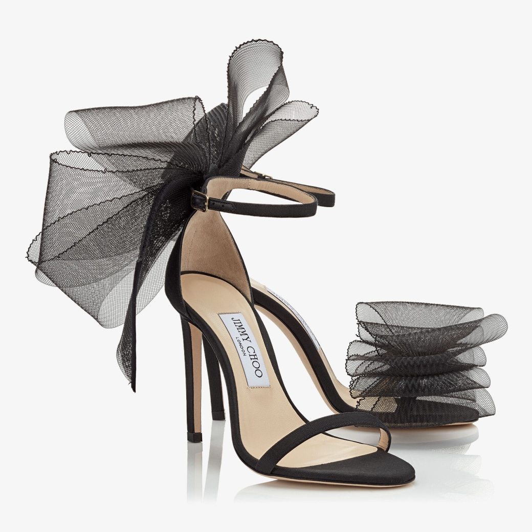 Black Sandals with Asymmetric Grosgrain Mesh Fascinator Bows Black Sandals with Asymmetric Grosgrain Mesh Fascinator Bows