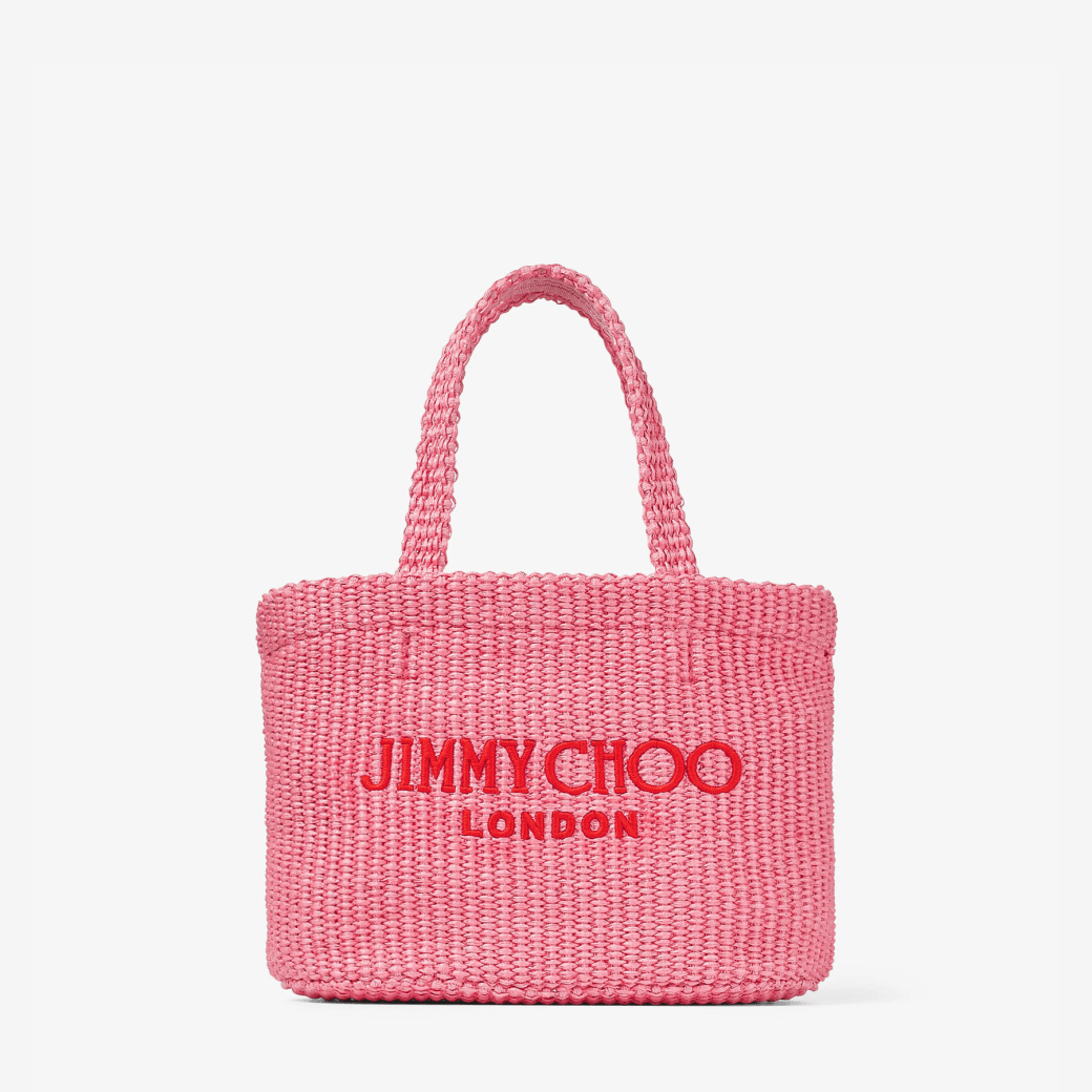 Beach Tote E/W Mini | Candy Pink Raffia Embroidered Mini Tote Bag | JIMMY  CHOO