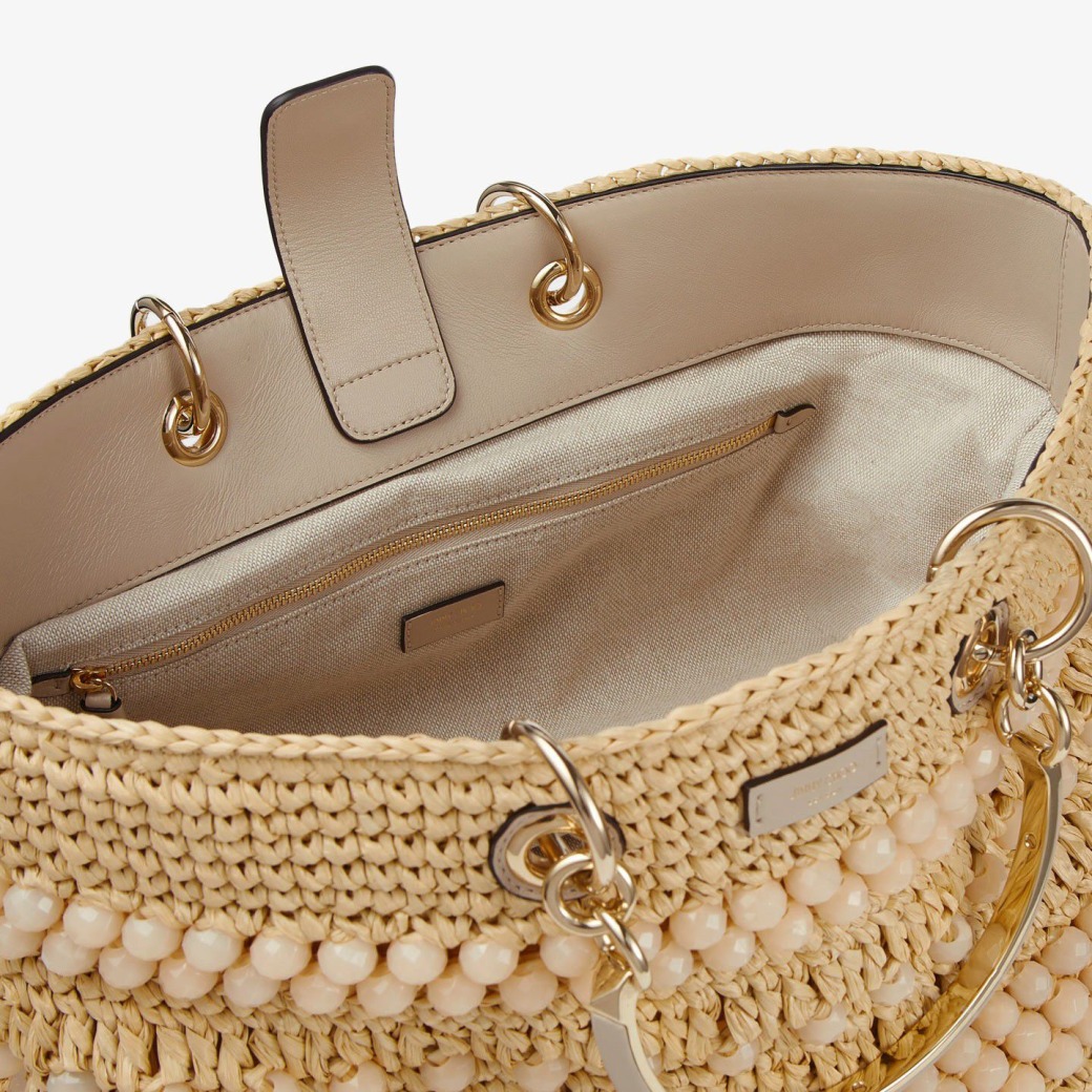 Bon Bon Tote L | Natural Beaded Raffia and Smooth Leather Tote Bag