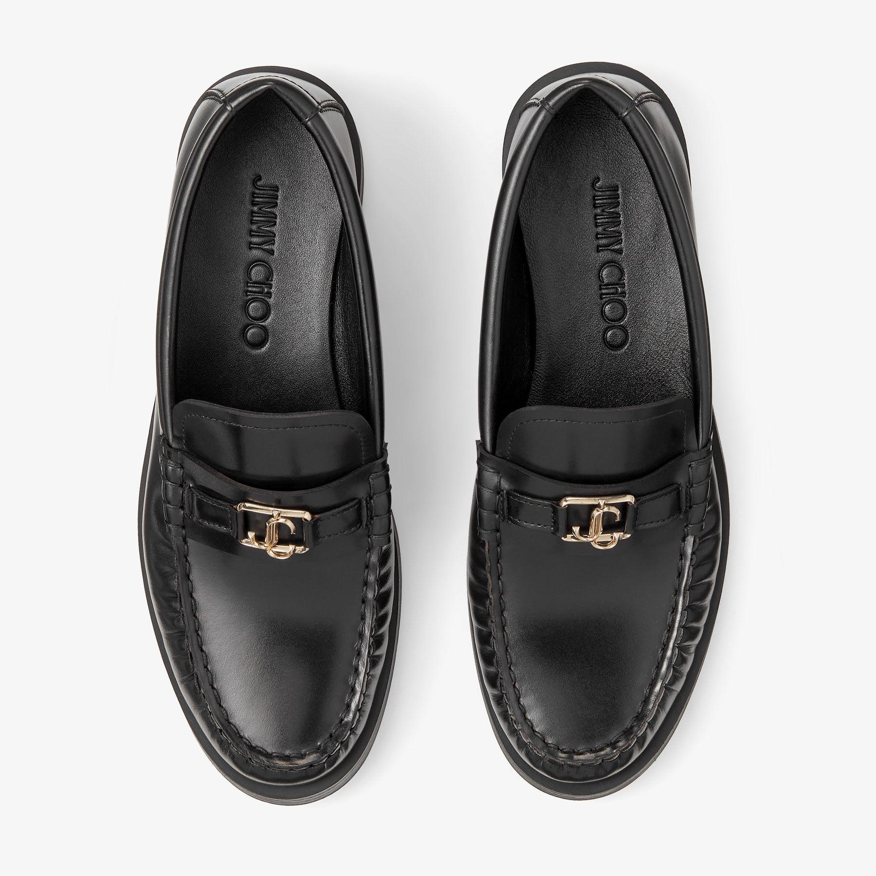 Addie JC Black Box Calf Leather Flat Loafers with JC Emblem JIMMY CHOO
