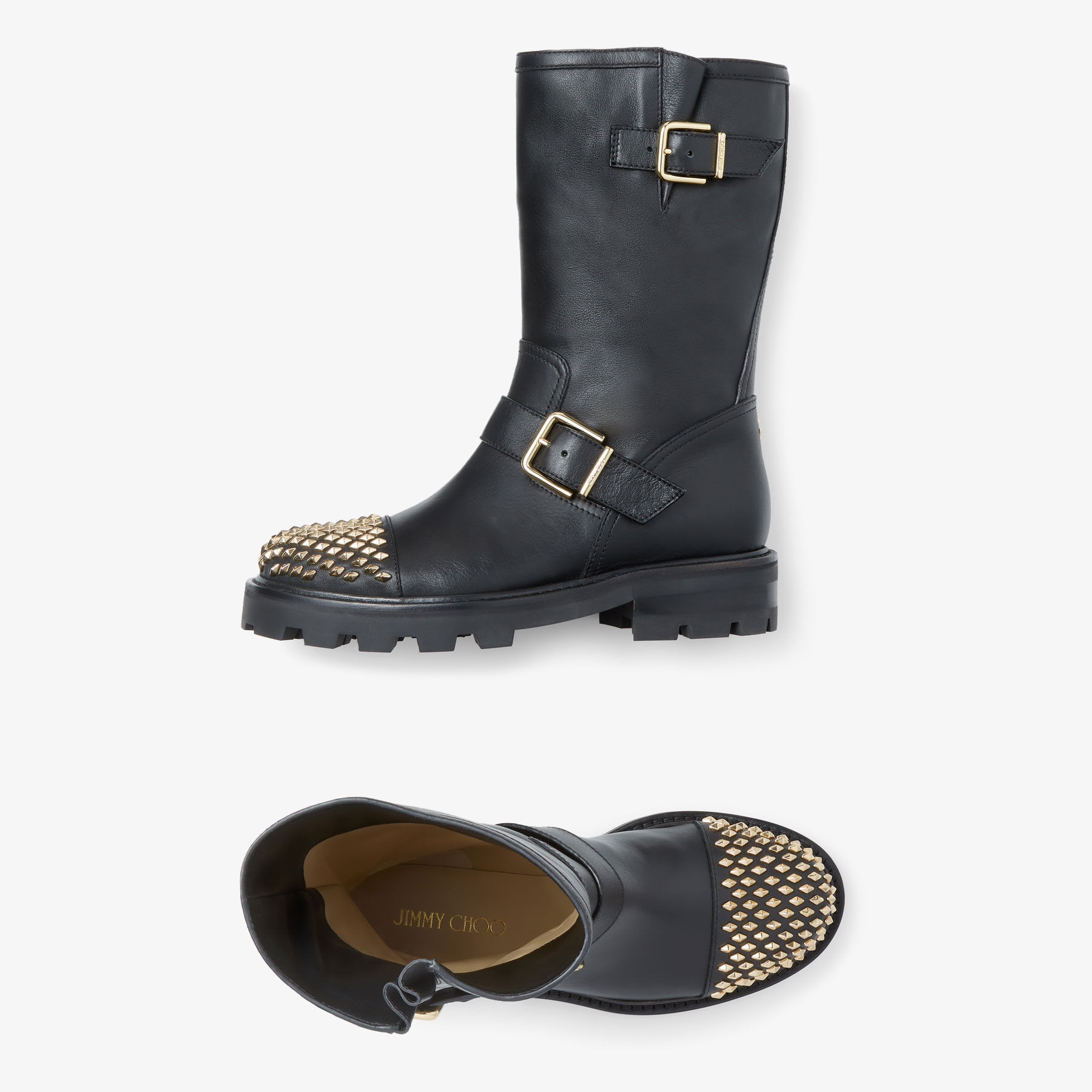 BIKER II Black Smooth Leather Biker Boots with Studs Autumn Collection JIMMY CHOO