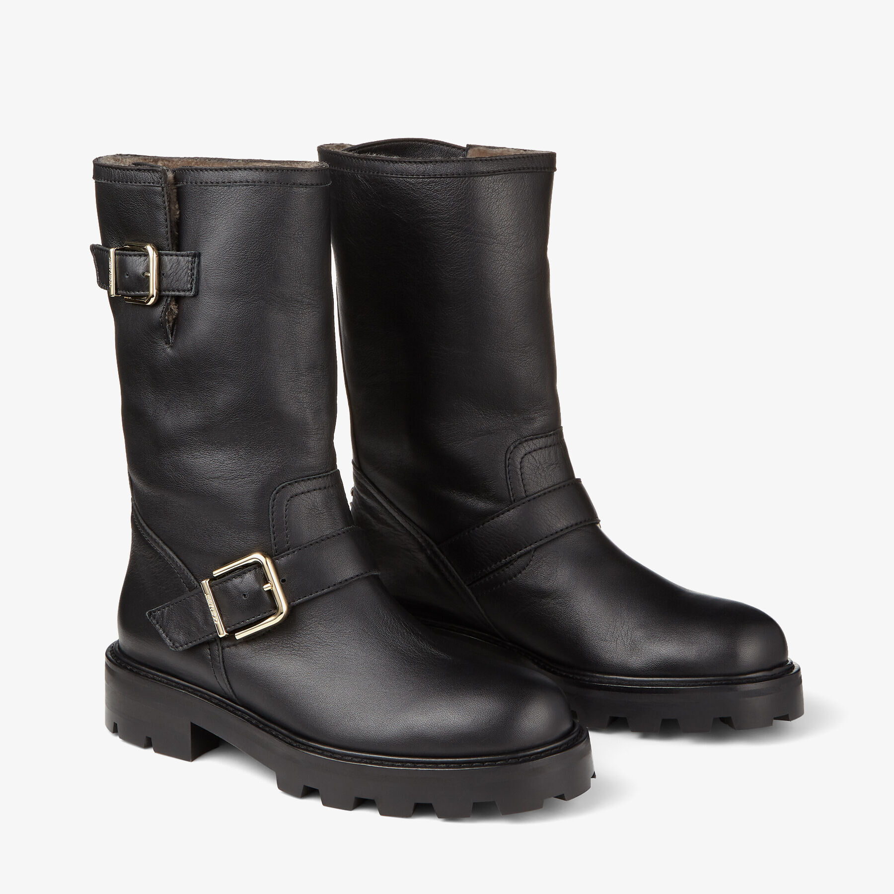 Black Smooth Leather Biker Boots with Shearling Lining BIKER II Cruise 20 JIMMY CHOO