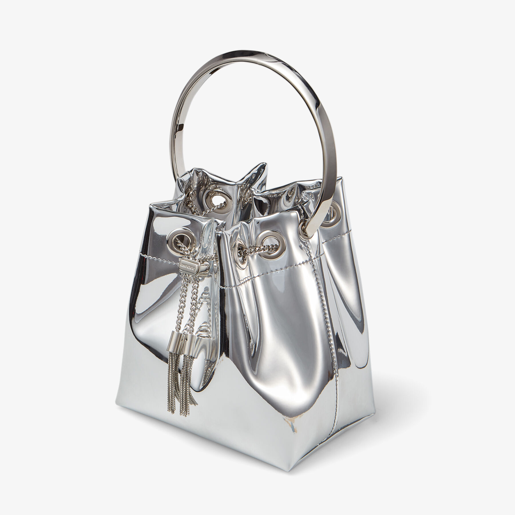 BON BON | Silver Mirror Fabric Mini Bag with Metal Handle | JIMMY CHOO