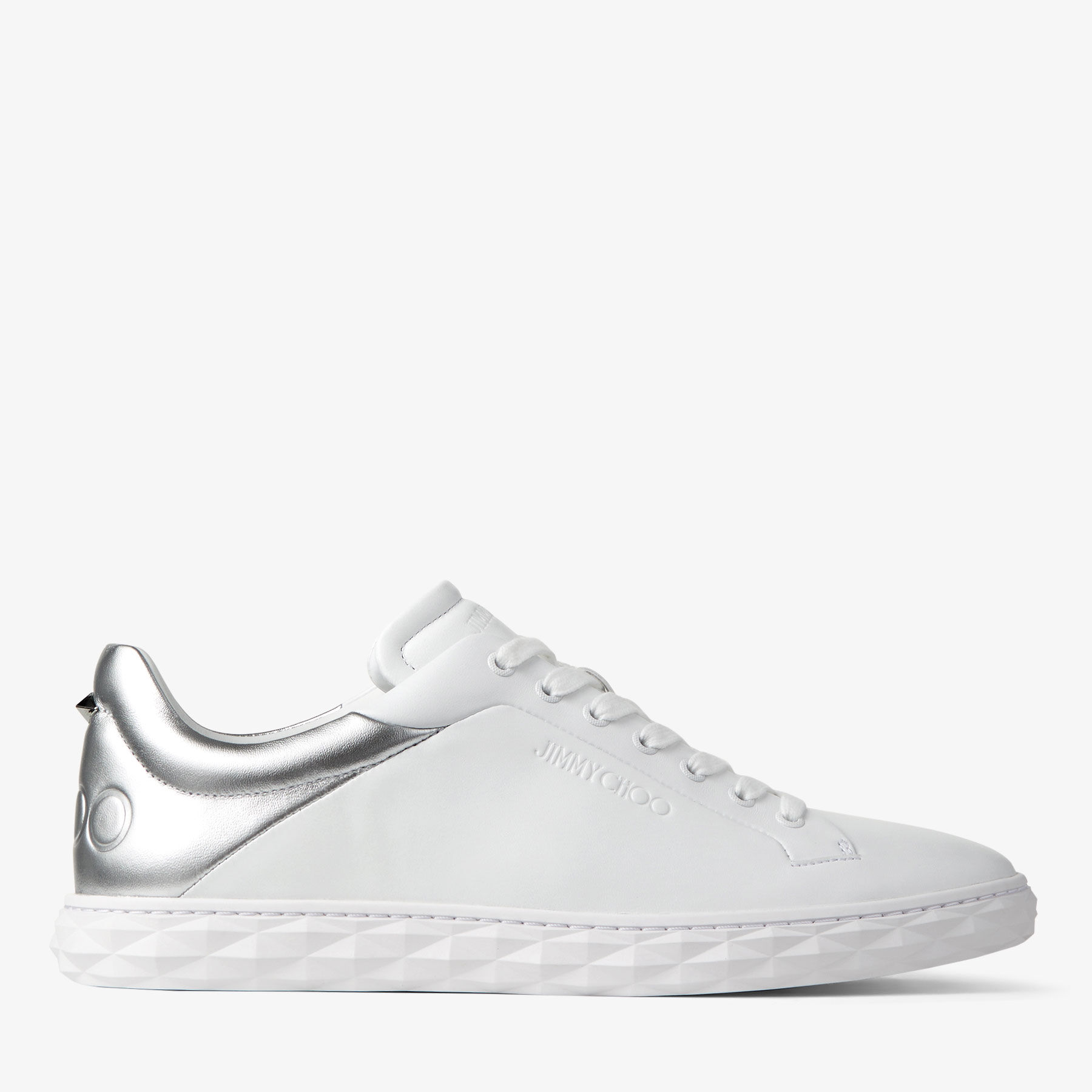 Diamond Light M Ii White Leather and Silver Metallic Nappa Low Top Trainers New Collection JIMMY CHOO
