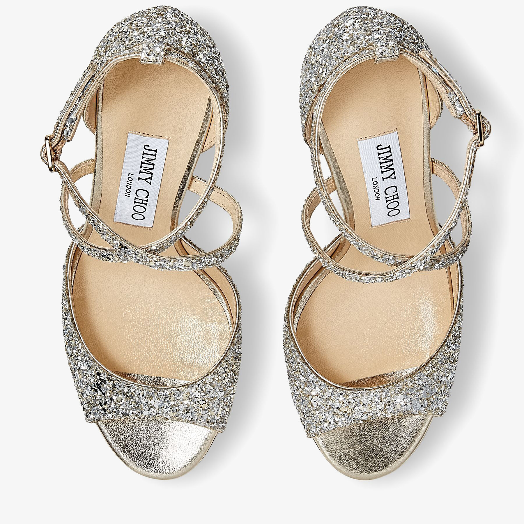 Champagne Coarse Glitter Fabric Sandals with Crossover Straps 