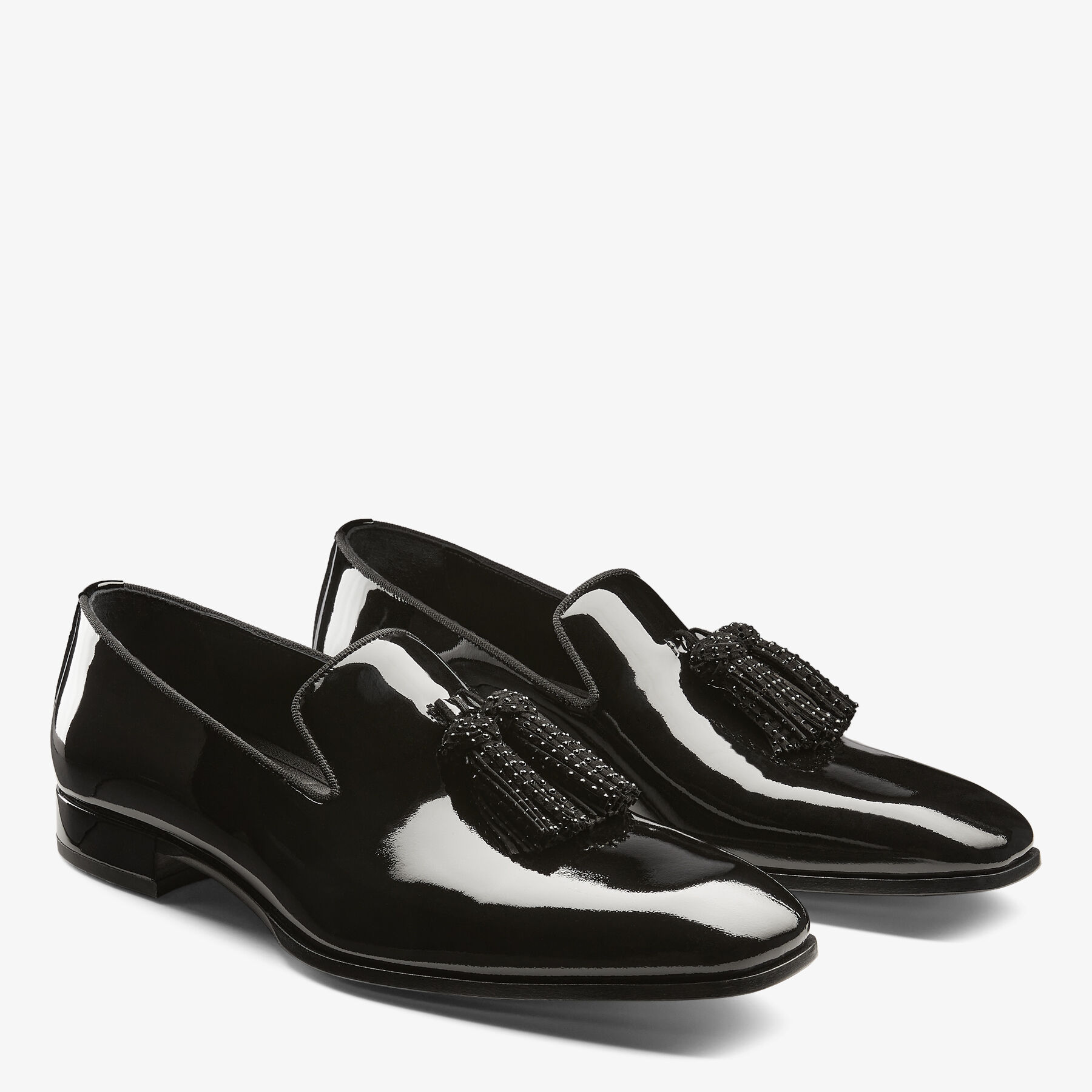 FOXLEY M Black Patent Slip On Shoes with Crystal Tassels Autumn Collection JIMMY CHOO
