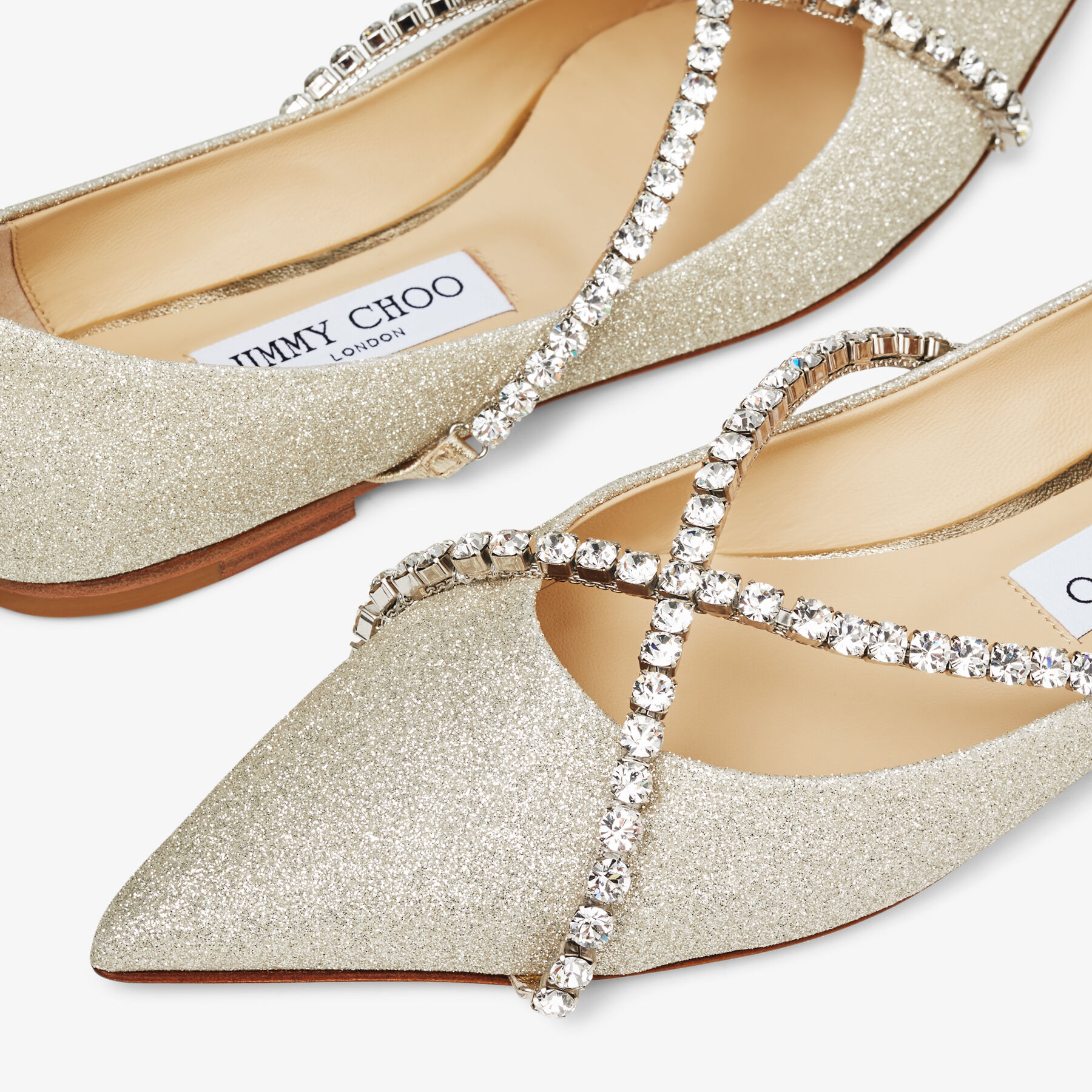GENEVI FLAT Platinum Ice Dusty Glitter Pointed Toe Flats with Crystal Chain Spring 2023 collection JIMMY CHOO
