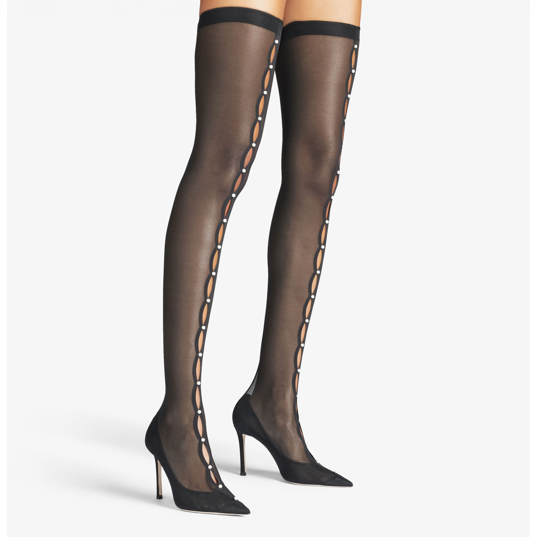 PSYCHE OTK 95 | Black Stretch Mesh Over-The-Knee Boots with Pearls 