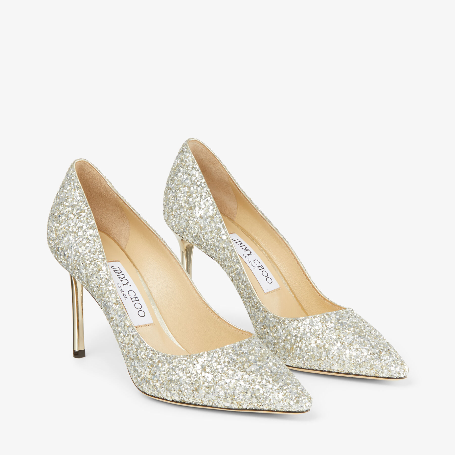 Champagne Coarse Glitter Fabric Pointy Toe Pump ROMY 85 Pre Fall 19 JIMMY CHOO