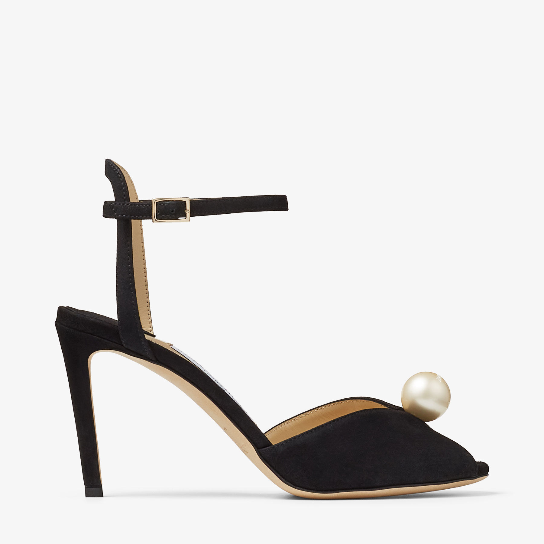 SACORA 85 Black Suede Sandals with Pearl Embellishment Summer Collection JIMMY CHOO