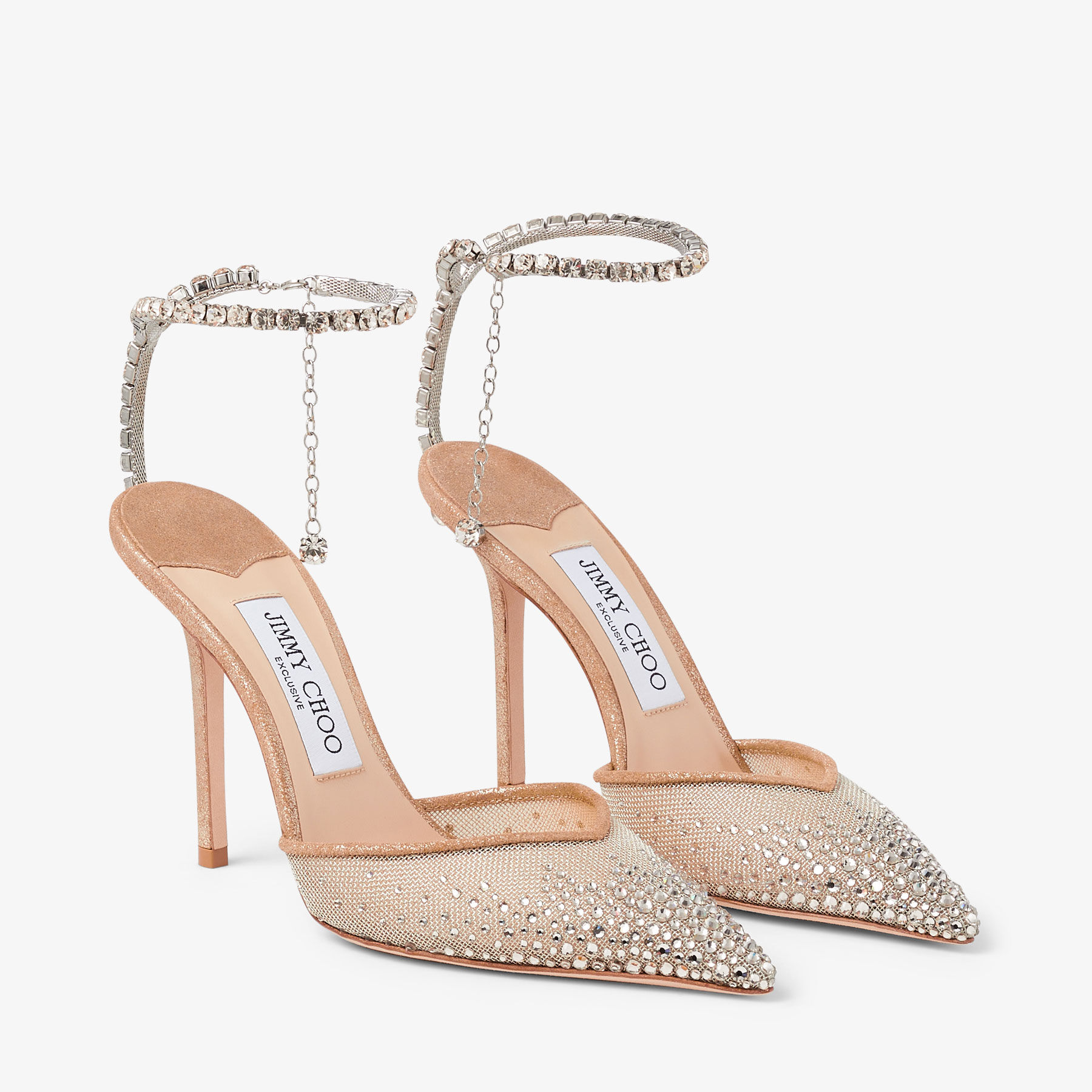 SAEDA 100 Champagne Mesh and Shimmer Suede Pumps with Crystal Chain New Collection JIMMY CHOO