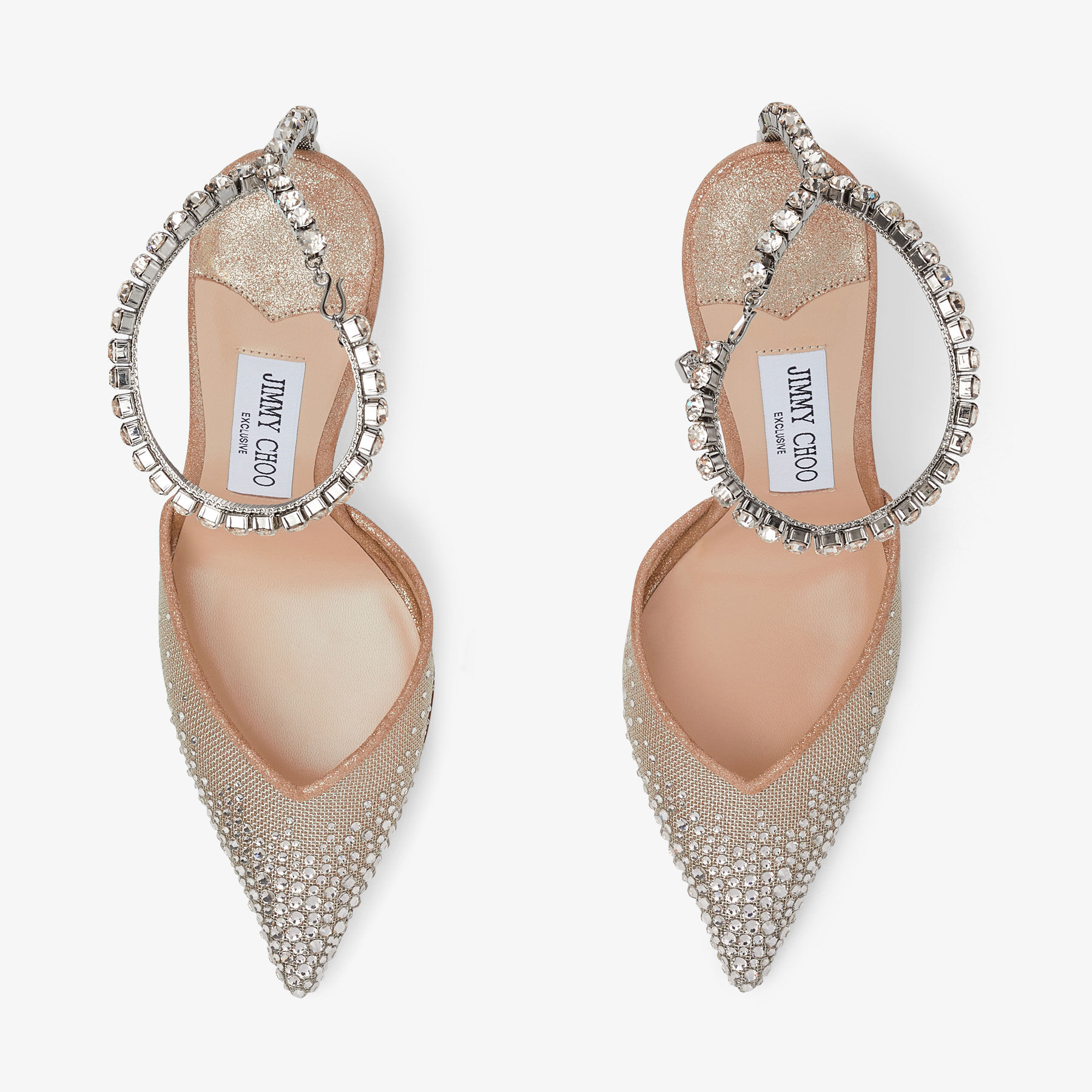 SAEDA 100 Champagne Mesh and Shimmer Suede Pumps with Crystal Chain New Collection JIMMY CHOO