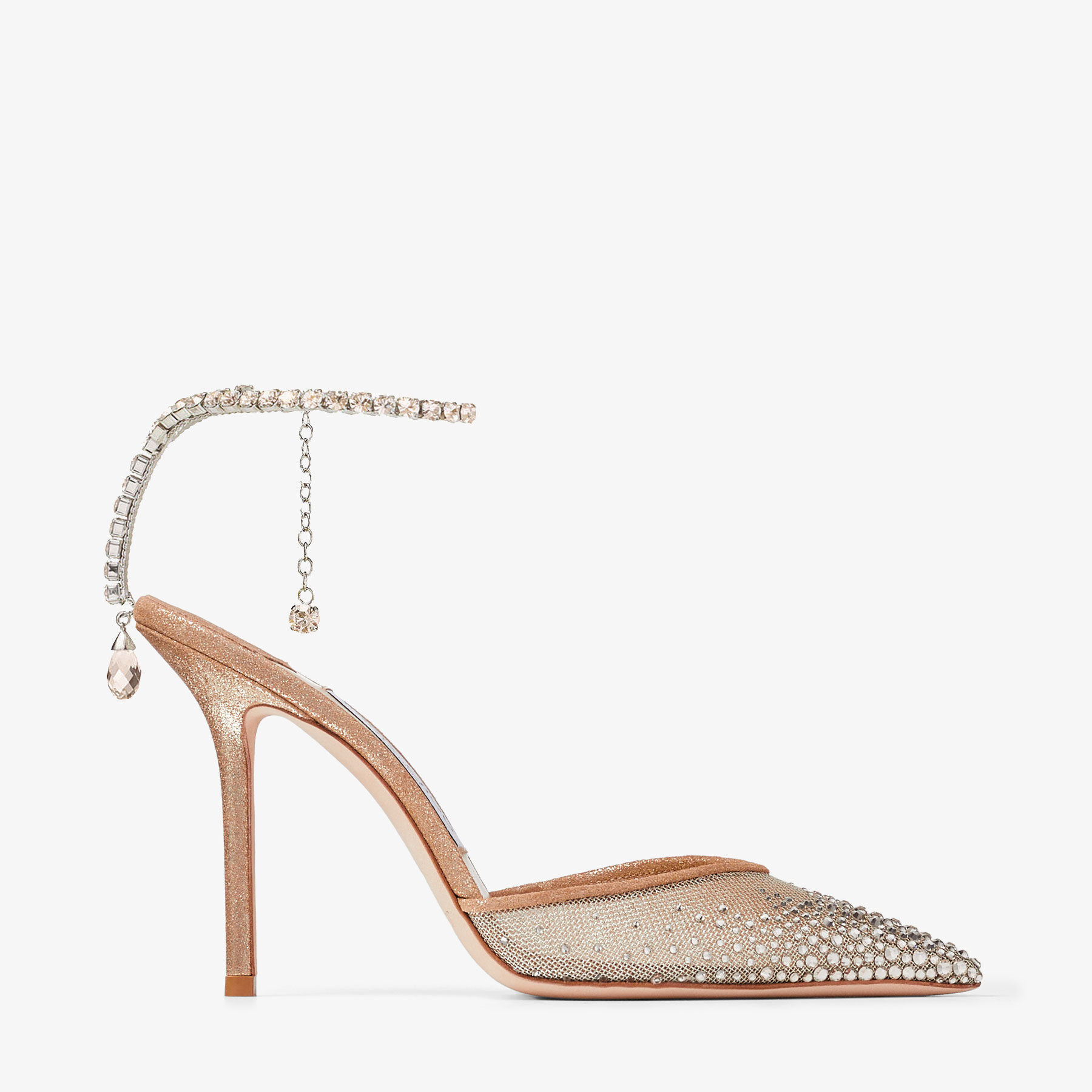 SAEDA 100 Champagne Mesh and Shimmer Suede Pumps with Crystal Chain New Collection JIMMY CHOO