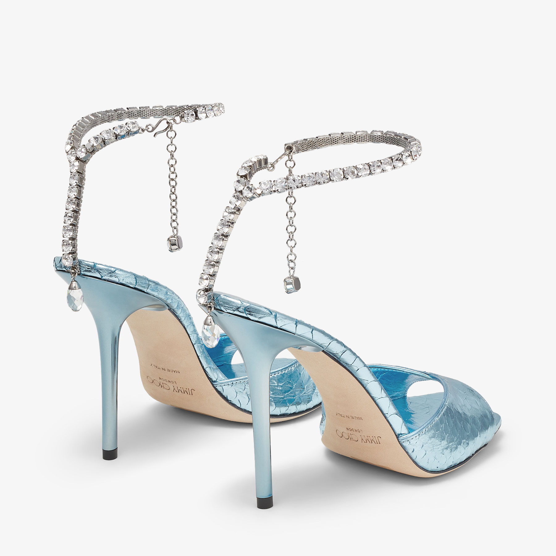 SAEDA SANDAL 100 Ice Blue Metallic Snake Printed Leather Sandals with Crystal Chain New Collection JIMMY CHOO