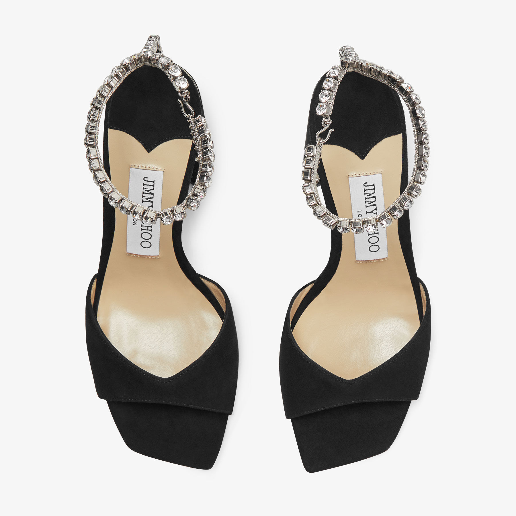 Saeda Sandal 85 Black Suede Sandals with Crystal Chain JIMMY CHOO