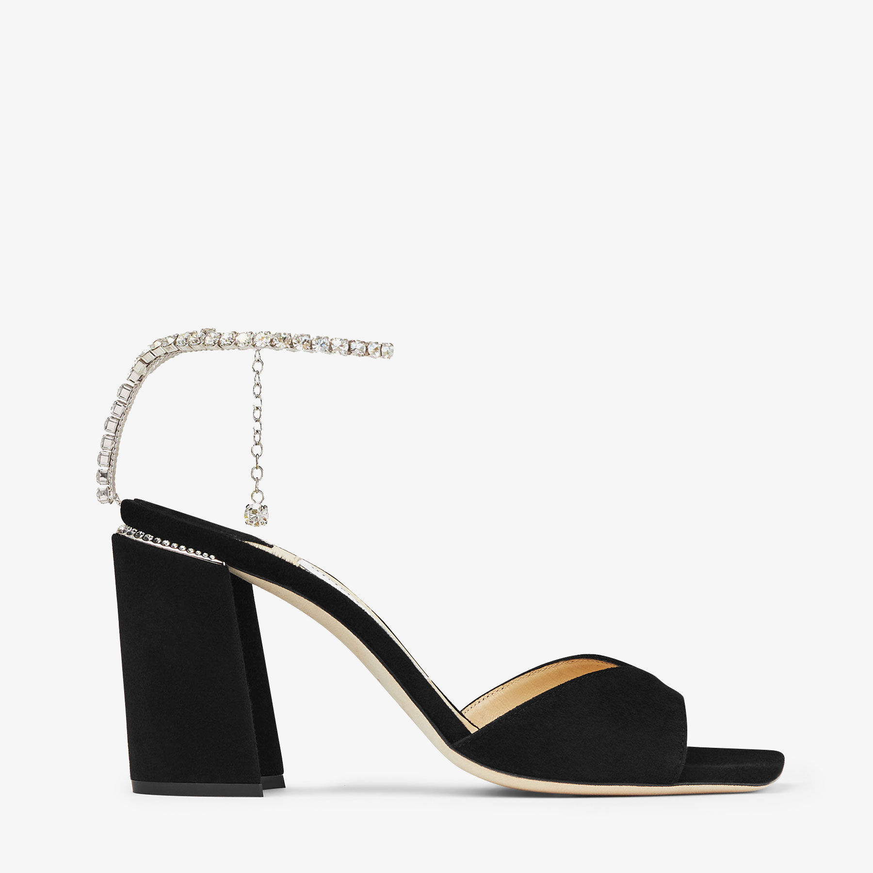 Saeda Sandal 85 Black Suede Sandals with Crystal Chain JIMMY CHOO