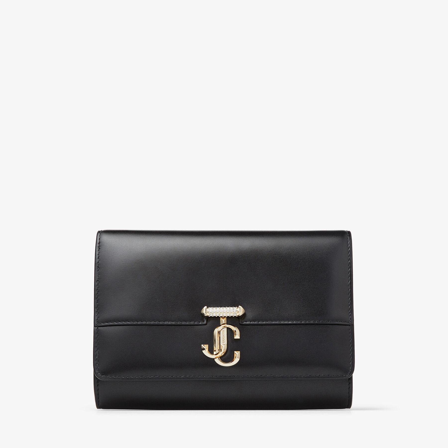 Black Box Leather Clutch Bag with Crystal Embellished Light Gold JC Emblem AVENUE CLUTCH Summer 2022 collection JIMMY CHOO