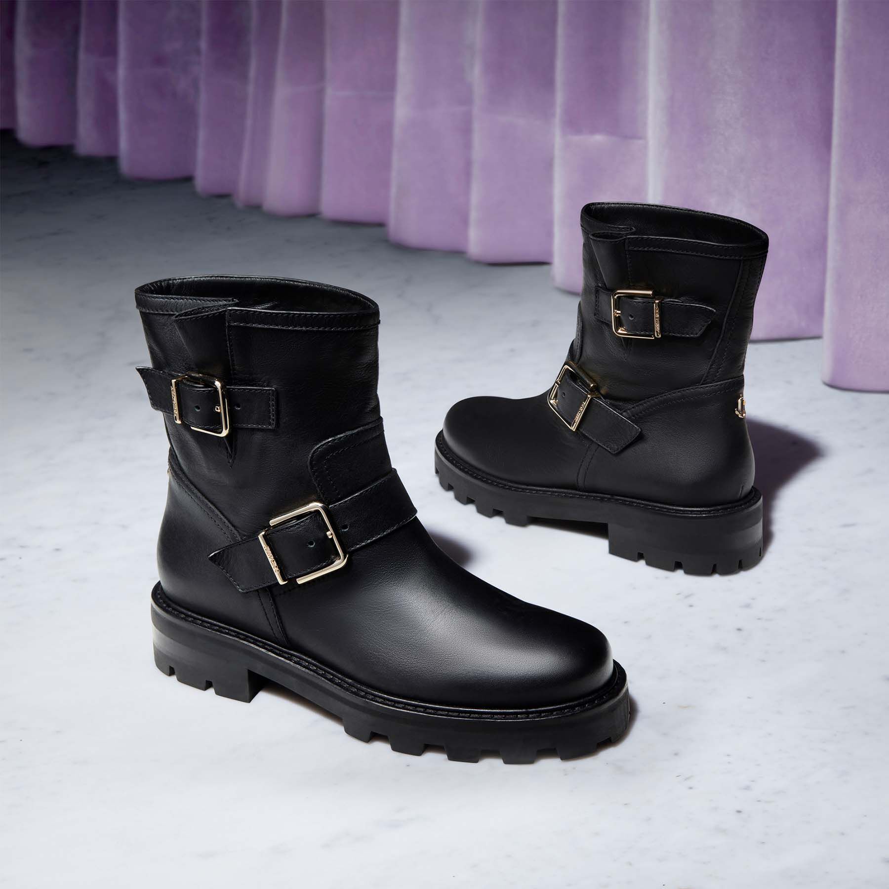 Black Smooth Leather Biker Boots with Gold Buckles | YOUTH