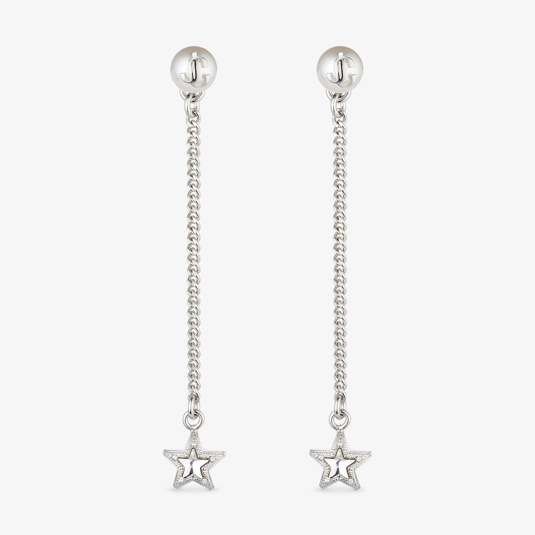 クリスタルスタースタッズ付き シルバー仕上げメタル・ドロップピアス  