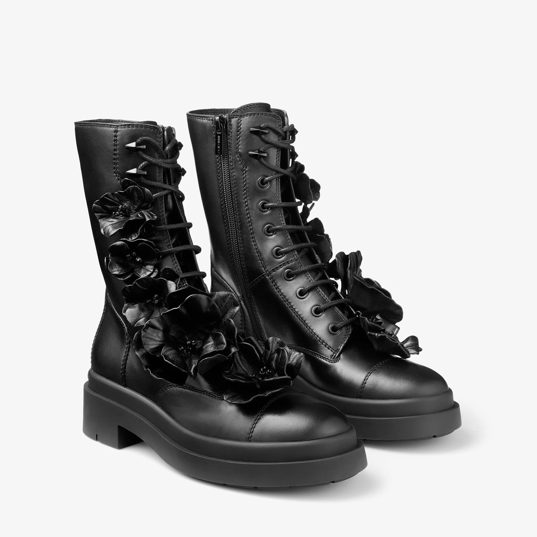 NARI FLOWERS FLAT｜フラワー付き Black ナッパレザー・アンクルブーツ 