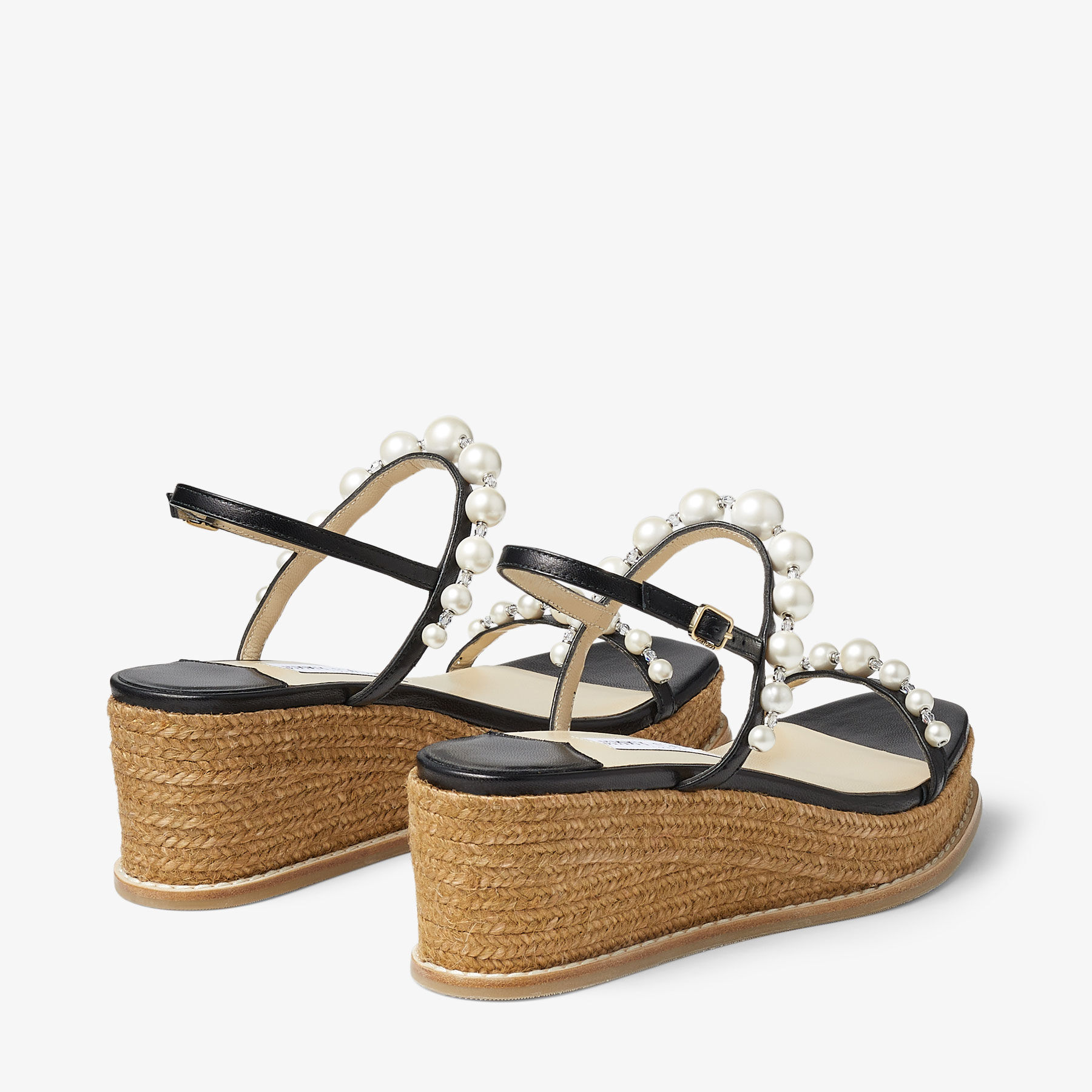 AMATUUS 60 Black Nappa Latte Wedge Sandals with Pearls Summer Collection JIMMY CHOO