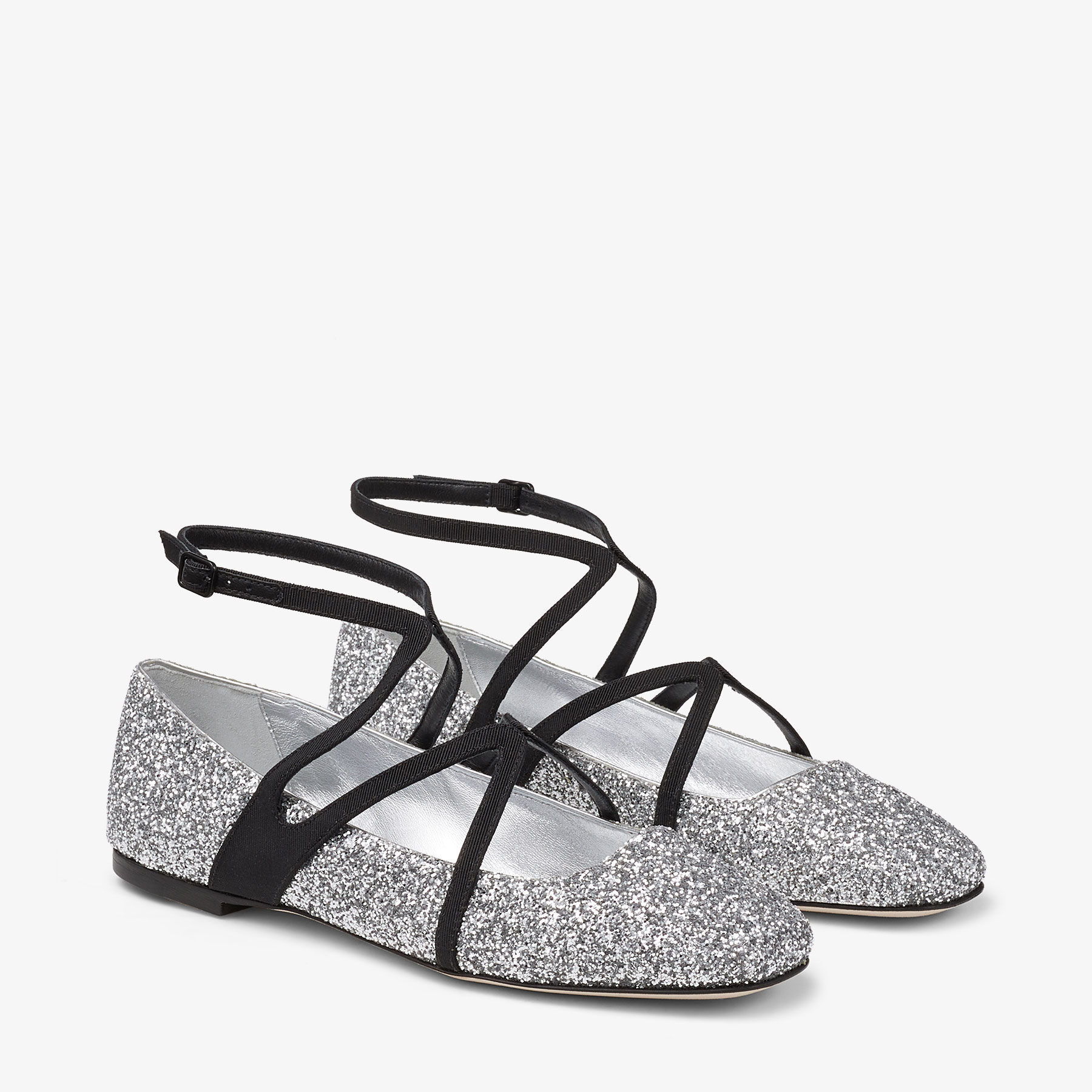 Astoria Flat Silver Black Glitter Fabric Flats JIMMY CHOO