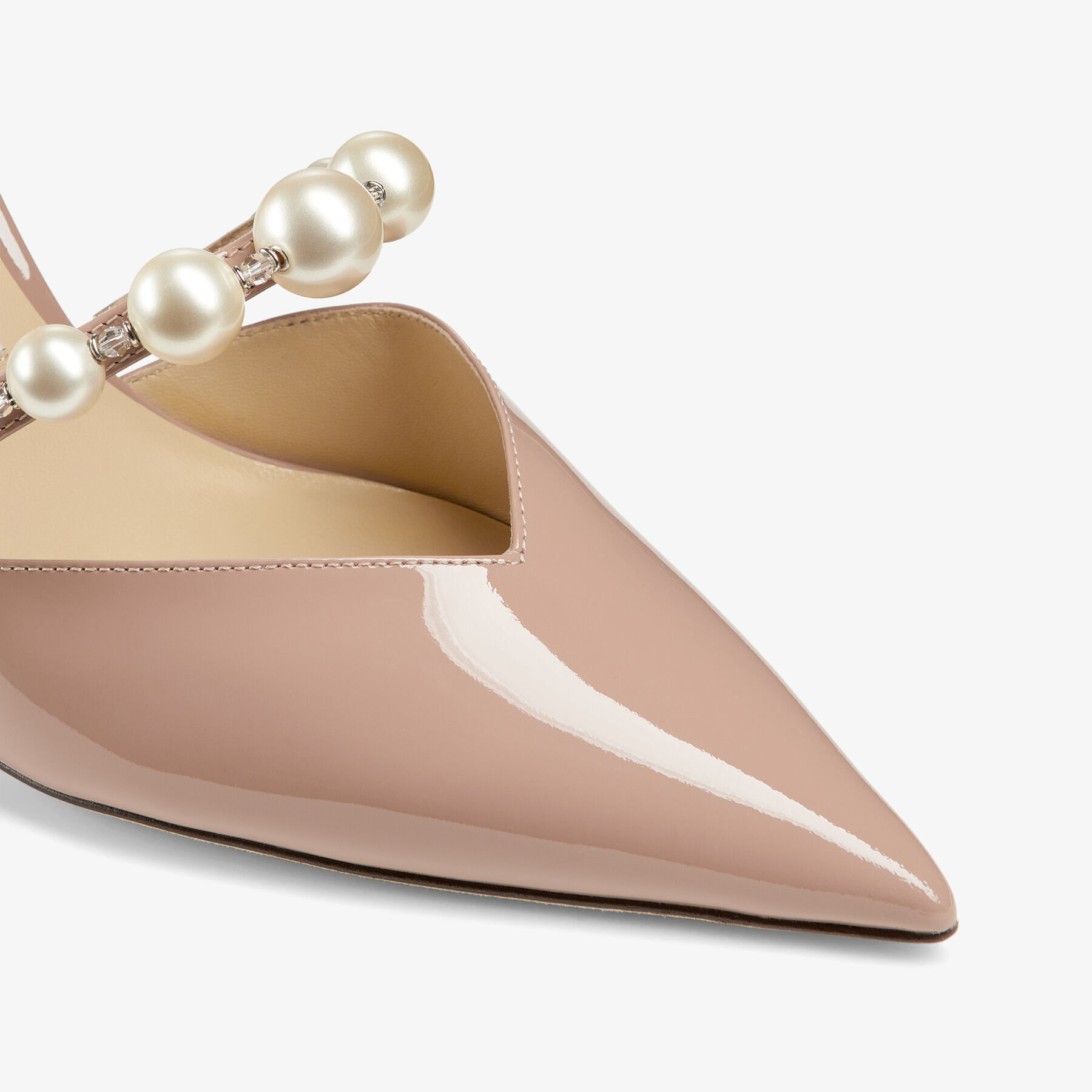 Ballet Pink Patent Leather Pointed Pumps with Pearl Embellishment 