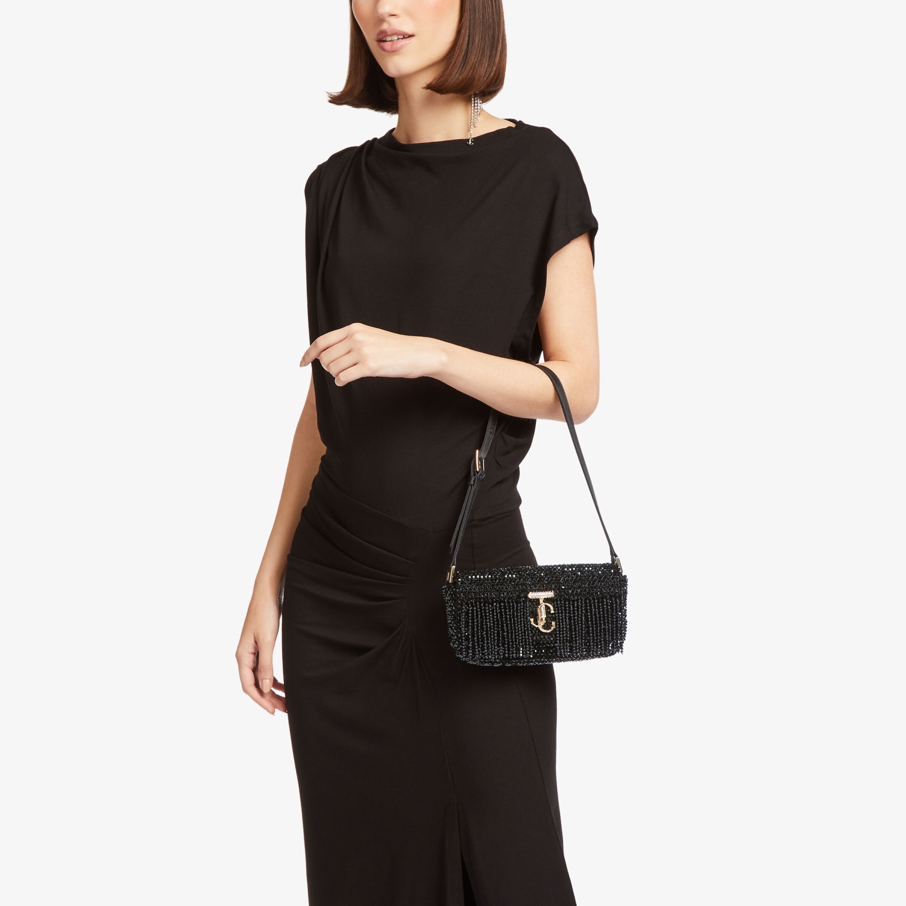 AVENUE MINI SHOULDER Black Satin Mini Shoulder Bag with Crystal Fringe New Collection JIMMY CHOO AU