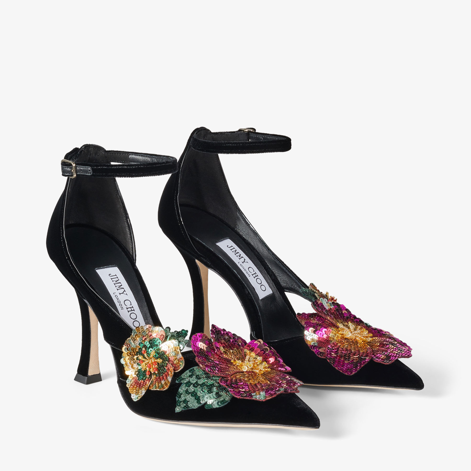 AZARA 100 Black Velvet Pumps with Sequin Flowers New