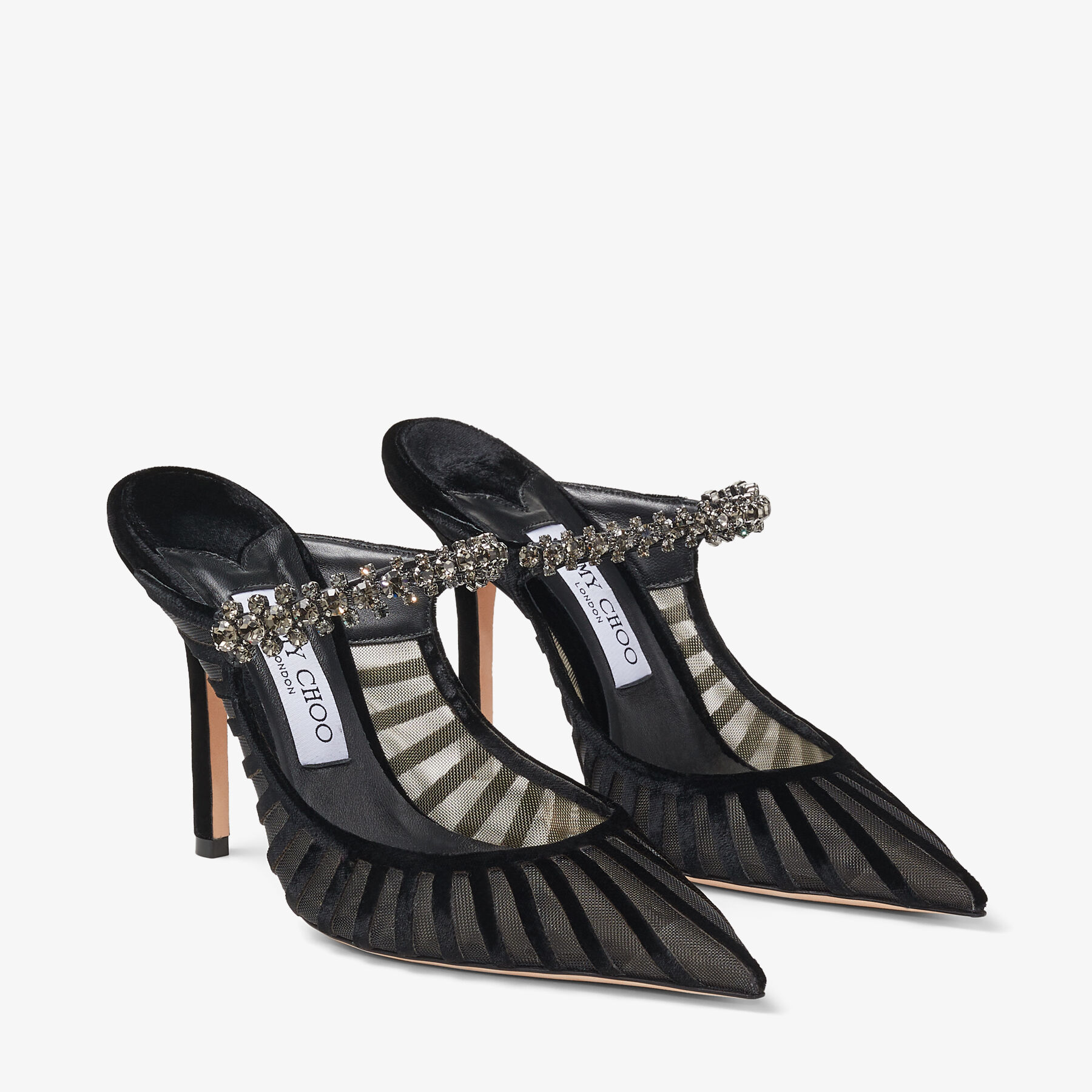 Bing 100 | Black Flocked Velvet Striped Mesh Mules with crystals 