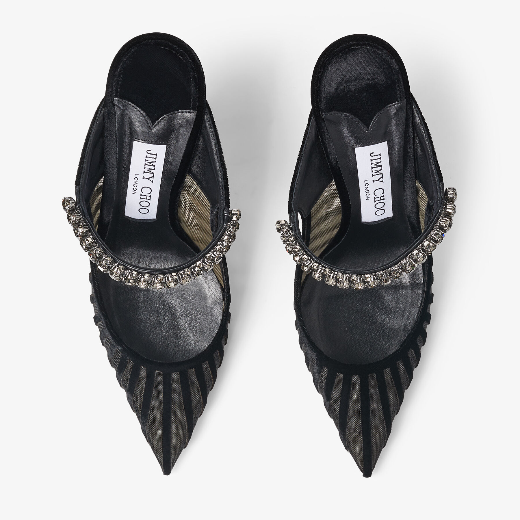 Bing 100 | Black Flocked Velvet Striped Mesh Mules with crystals 
