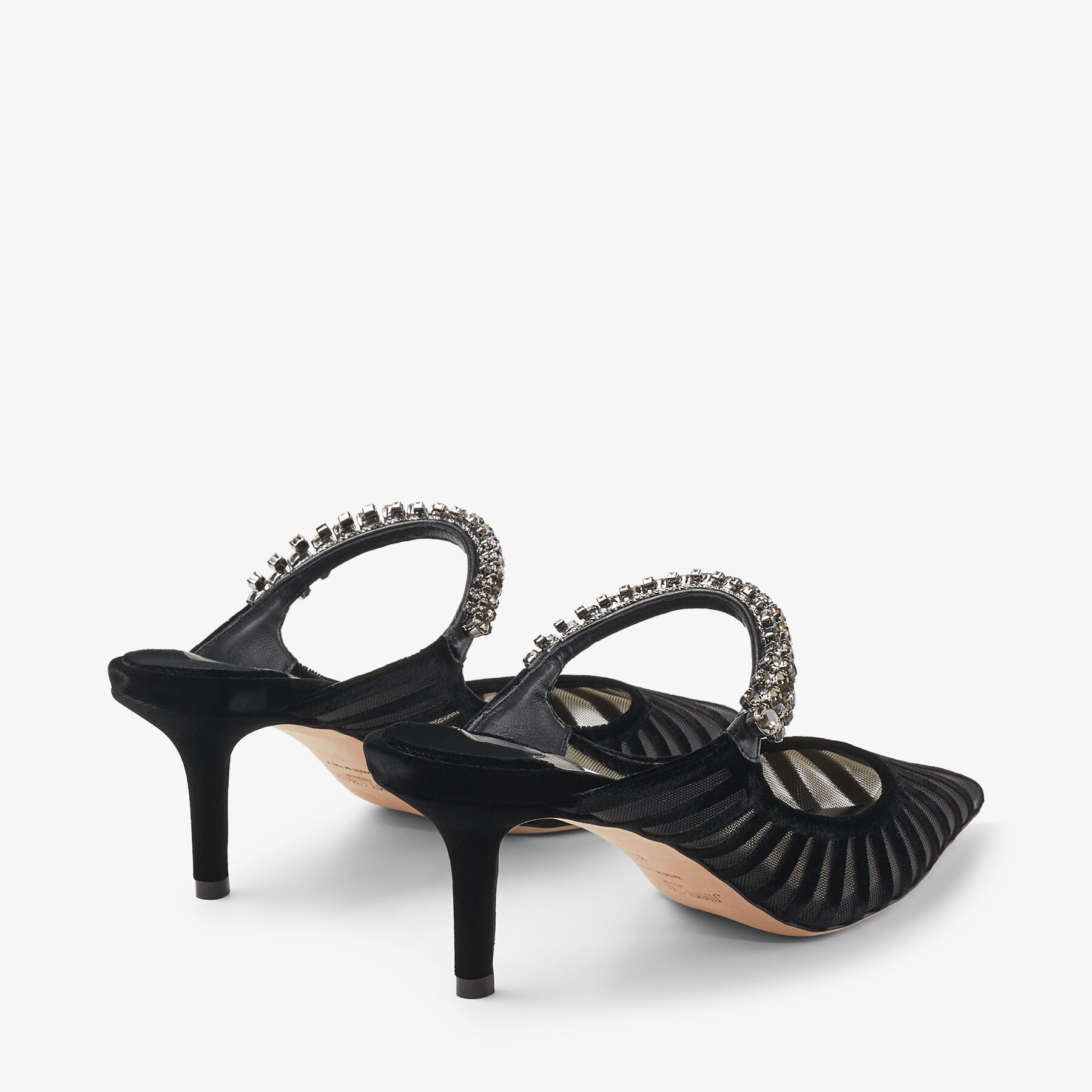 Bing 65 Black Flocked Striped Mesh Mules with Swarovski Crystals
