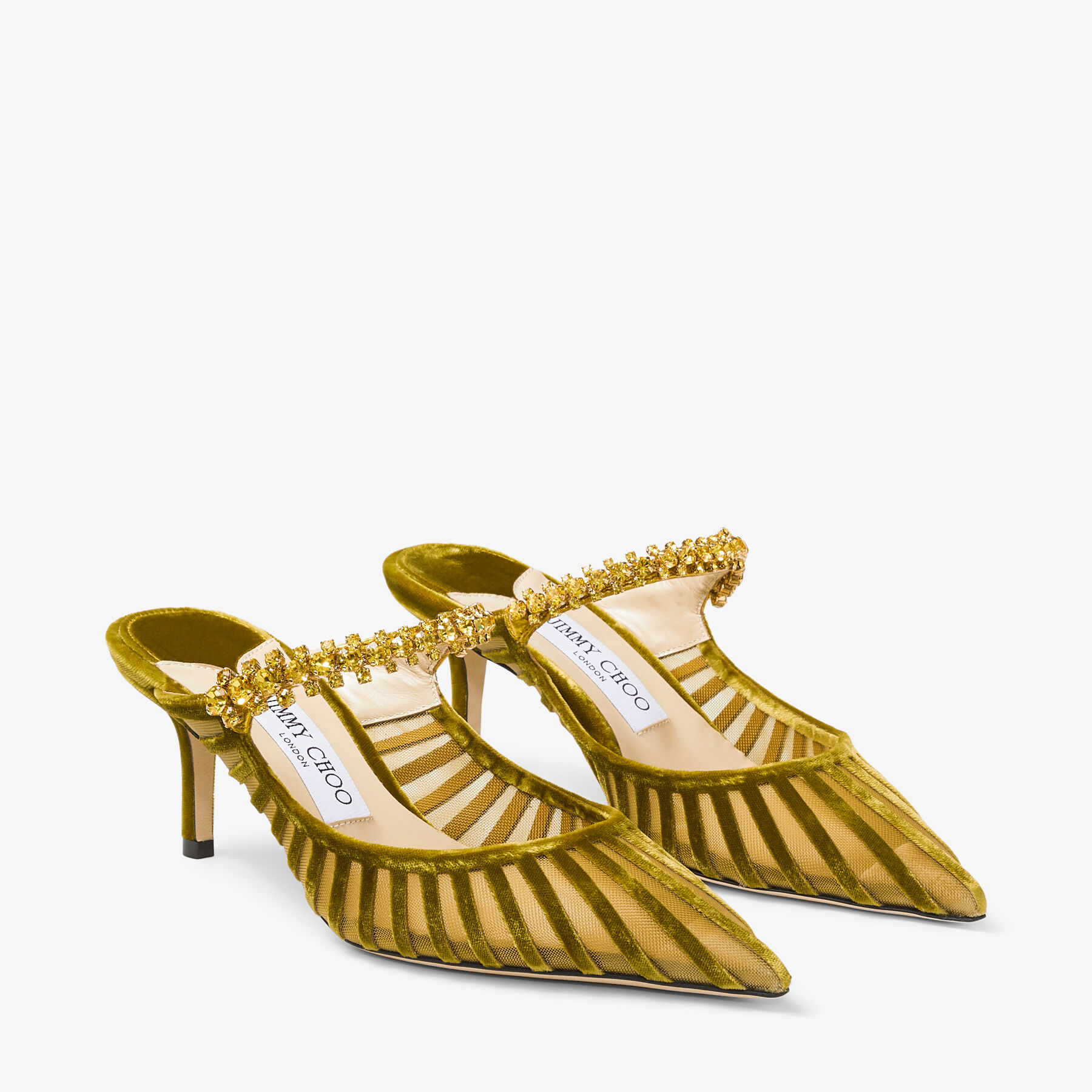 Bing 65 Citrine Flocked Striped Mesh Mules with Swarovski Crystals New Collection JIMMY CHOO AU