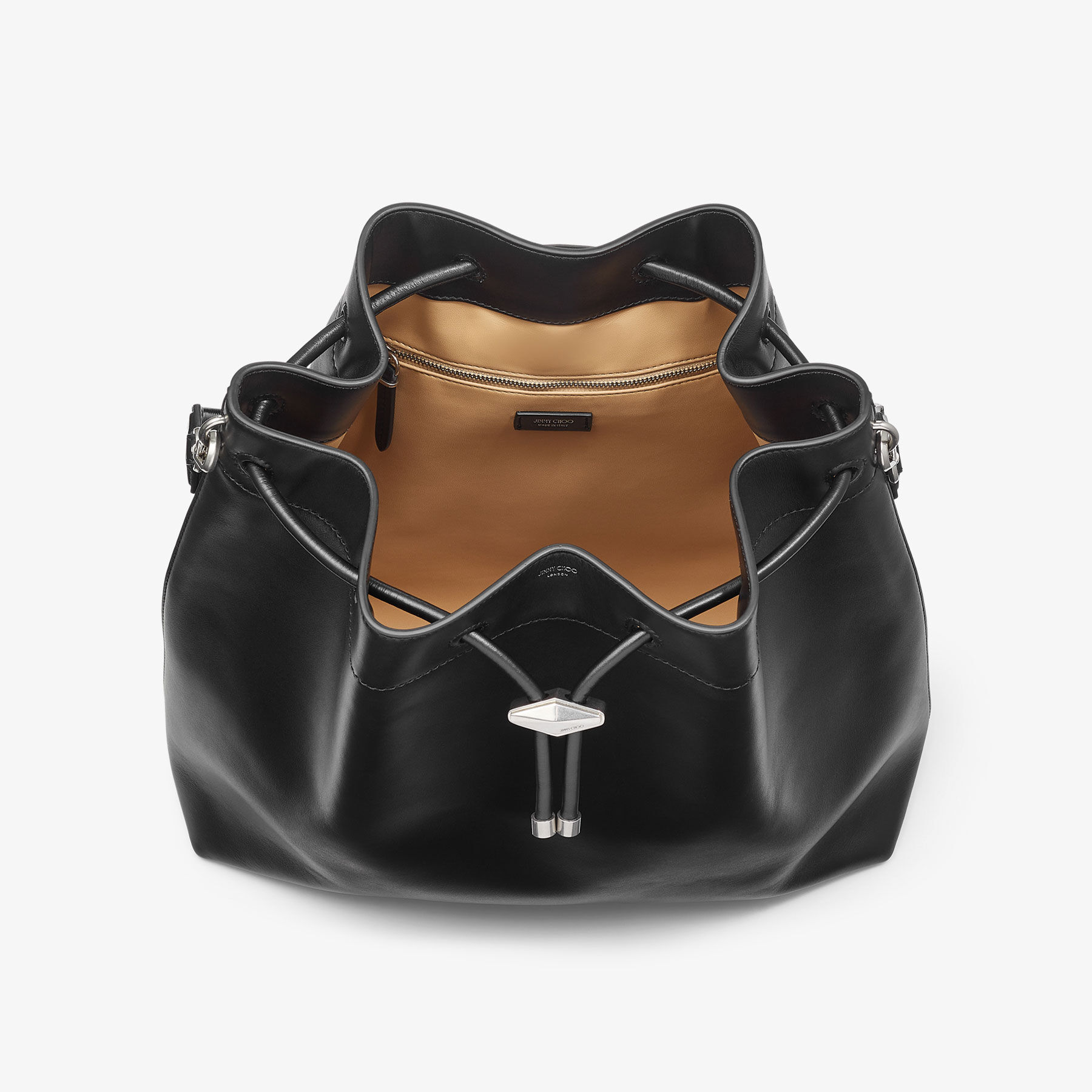 Cinch Mini | Bucket-Bag aus Satin mit Kristallen in Schwarz | JIMMY CHOO