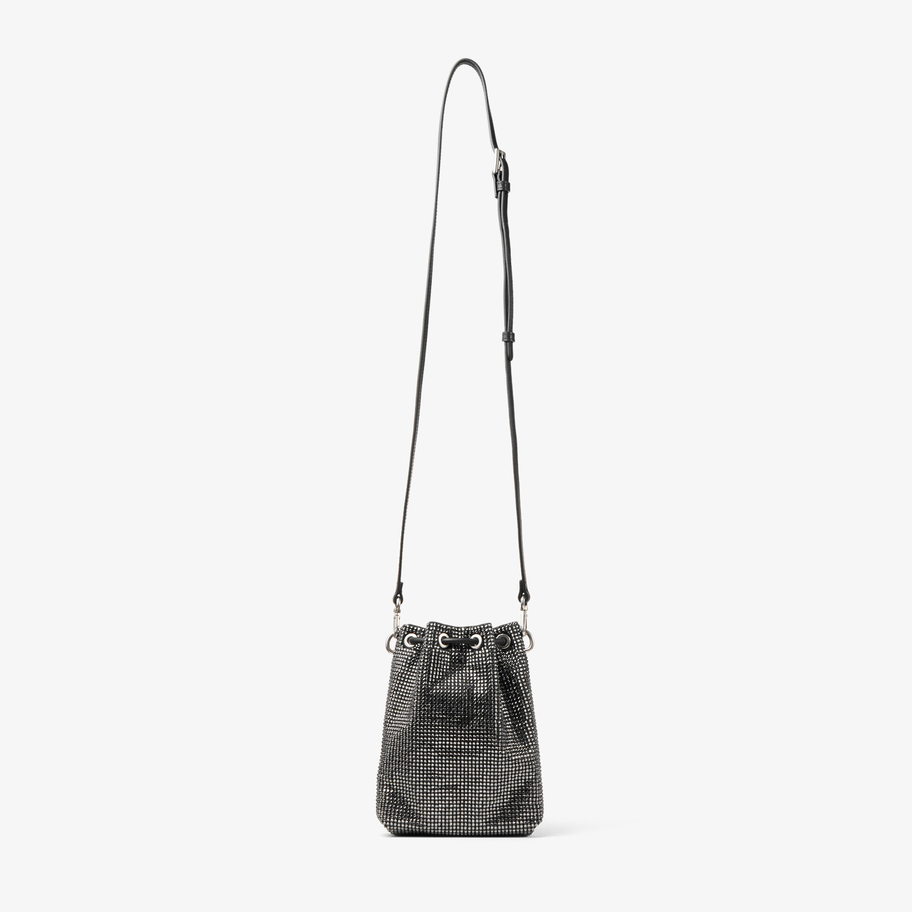 Cinch Mini | Bucket-Bag aus Satin mit Kristallen in Schwarz | JIMMY CHOO