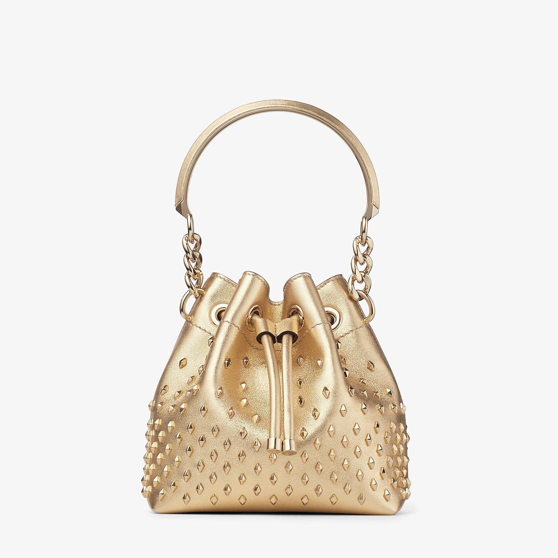 BON BON BUCKET S Gold Metallic Nappa Leather Bucket Bag with Studs JIMMY CHOO