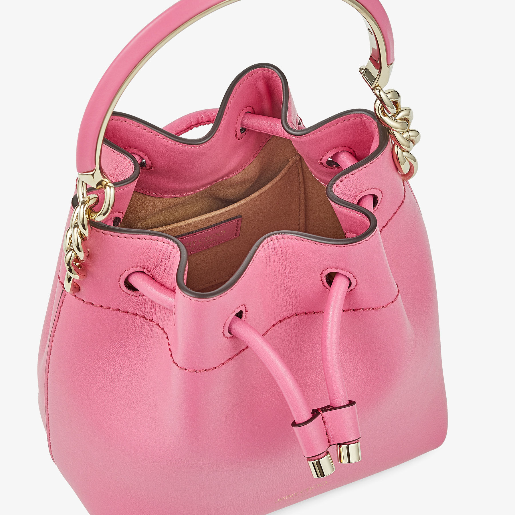 Candy Pink Soft Shiny Calf Leather Bucket Bag with Light Gold
