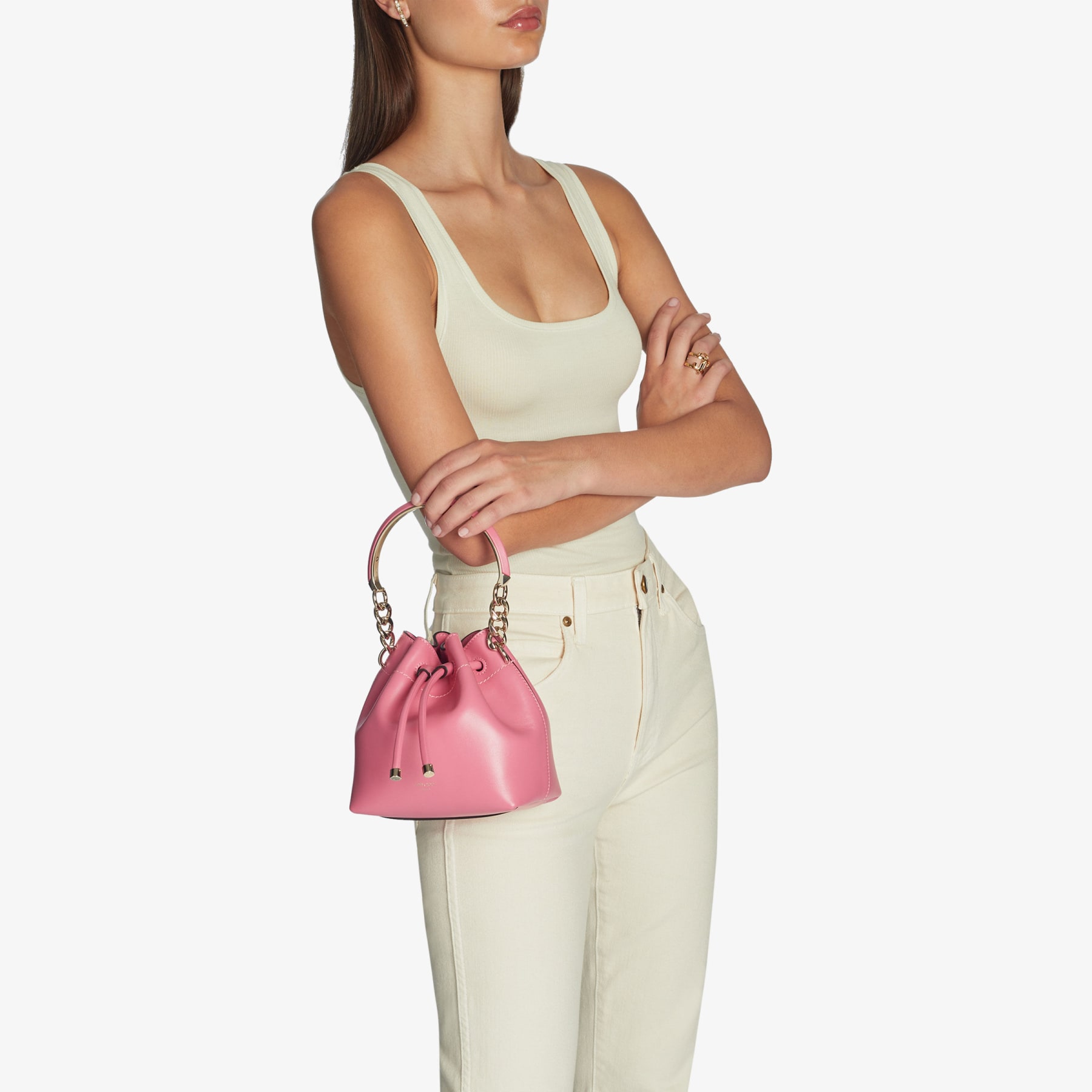 Candy Pink Soft Shiny Calf Leather Bucket Bag with Light Gold