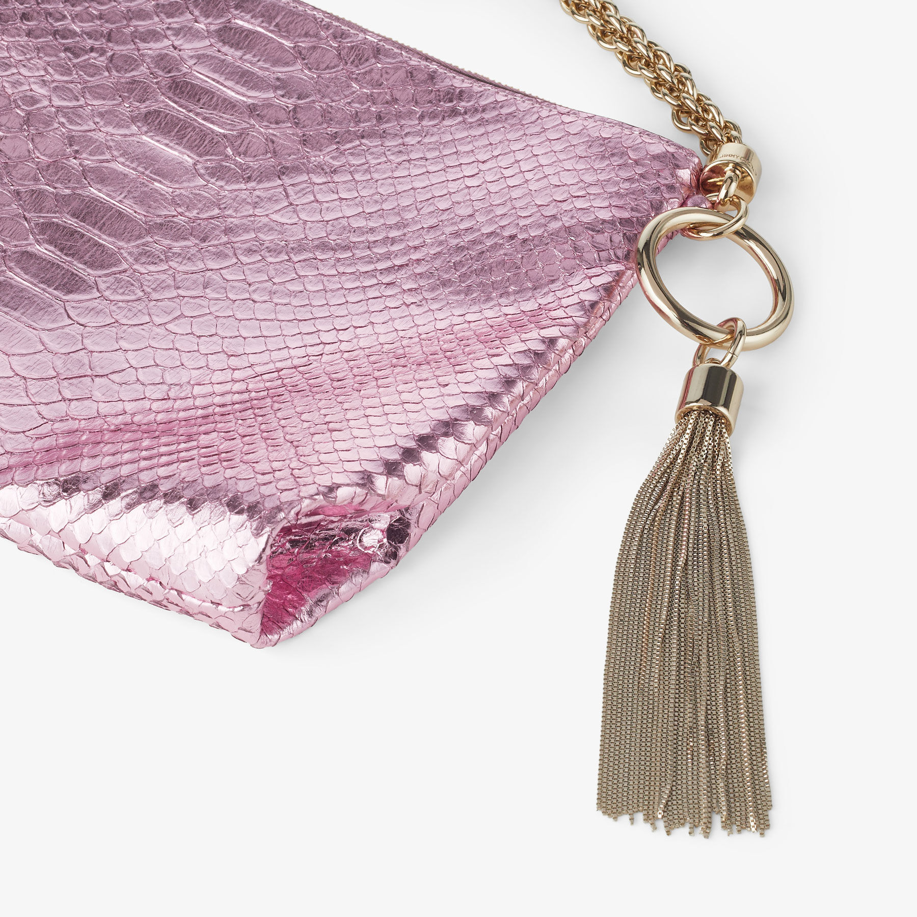 CALLIE Clutch aus Metallic Leder in Bonbonrosa mit Schlangen Print Neue Kollektion JIMMY CHOO
