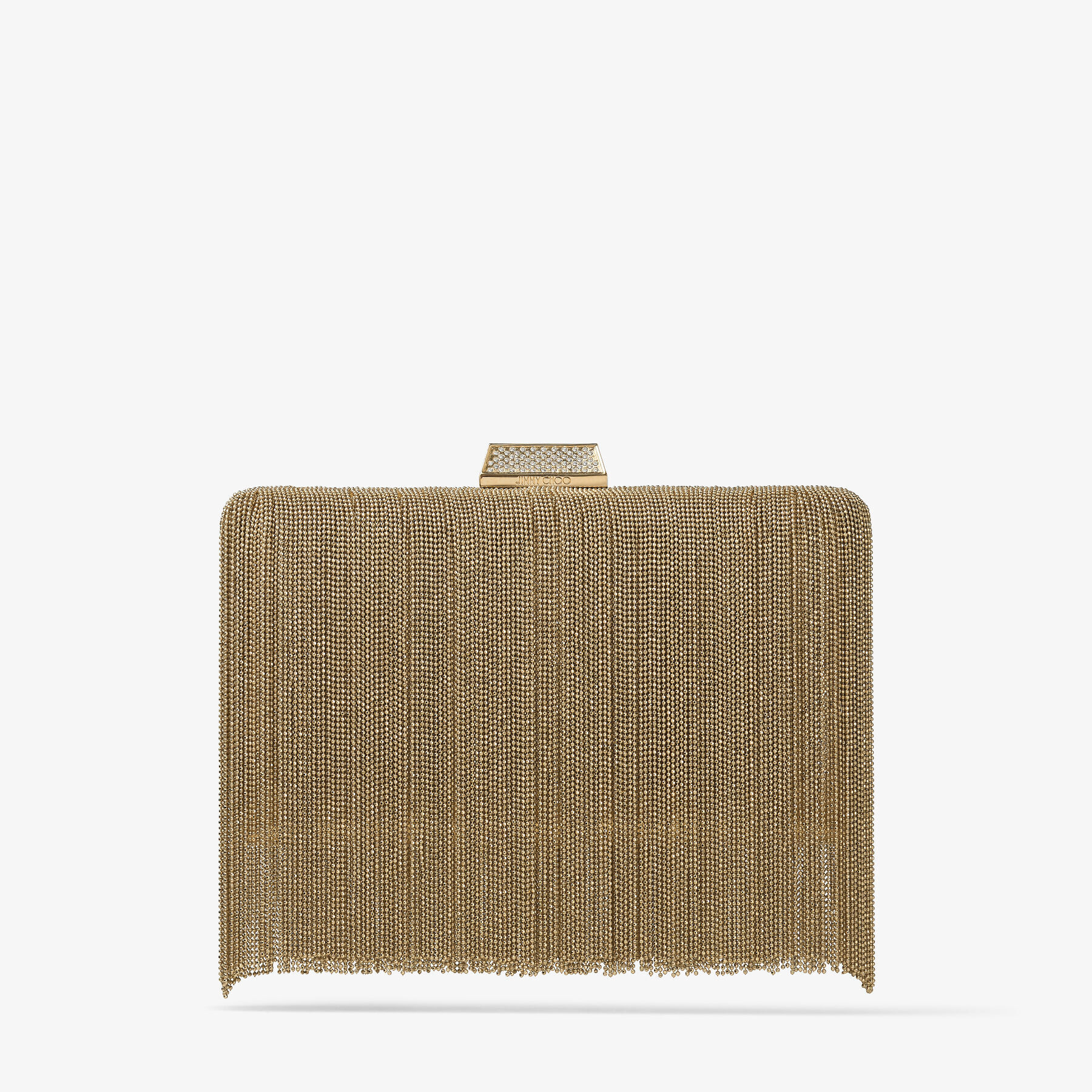 CLEMMIE Gold Metal Clutch Bag with Chain Fringe Winter 2022