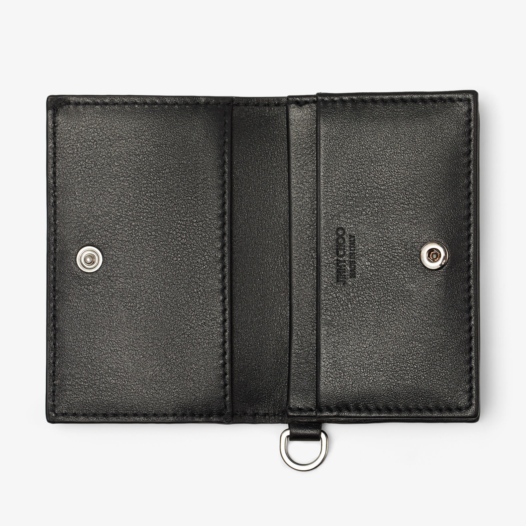 CLIFFY Black and Gunmetal Calf Leather Card Holder with Stars Winter 2022 collection JIMMY CHOO NZ