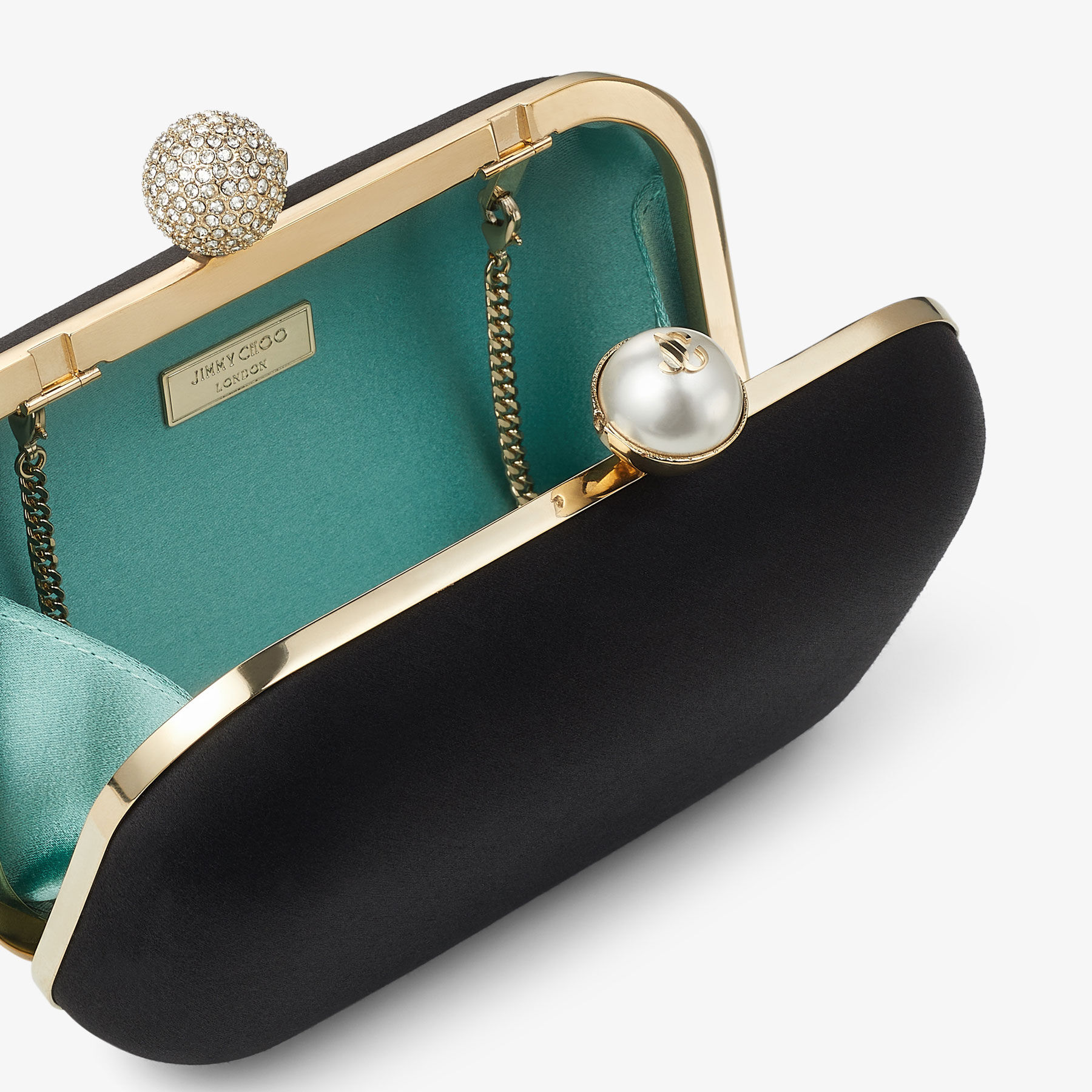 CLOUD Black Satin Clutch Bag with Pearl and Crystal Clasp Summer Collection JIMMY CHOO