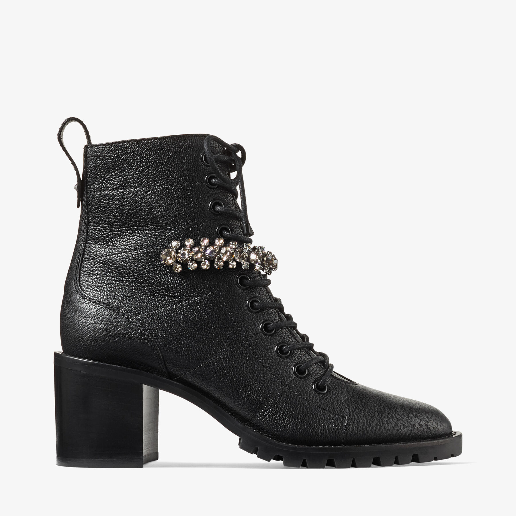 Black Grained Leather Lace Up Combat Boots with Crystal CRUZ 65 Autumn Winter 19 JIMMY CHOO