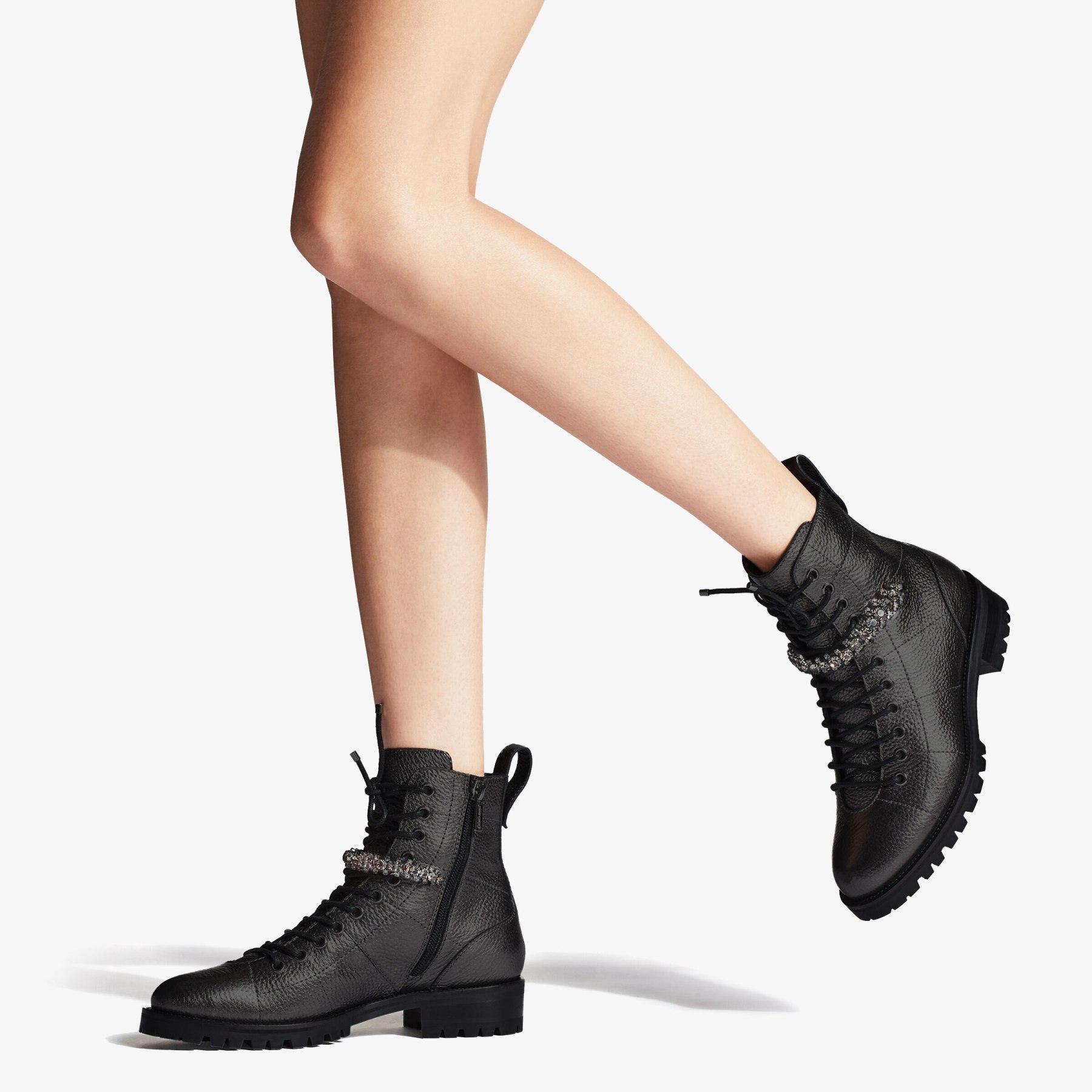 Black Grainy Leather Combat Boots with Crystal Detail CRUZ FLAT Autumn Winter 19 JIMMY CHOO