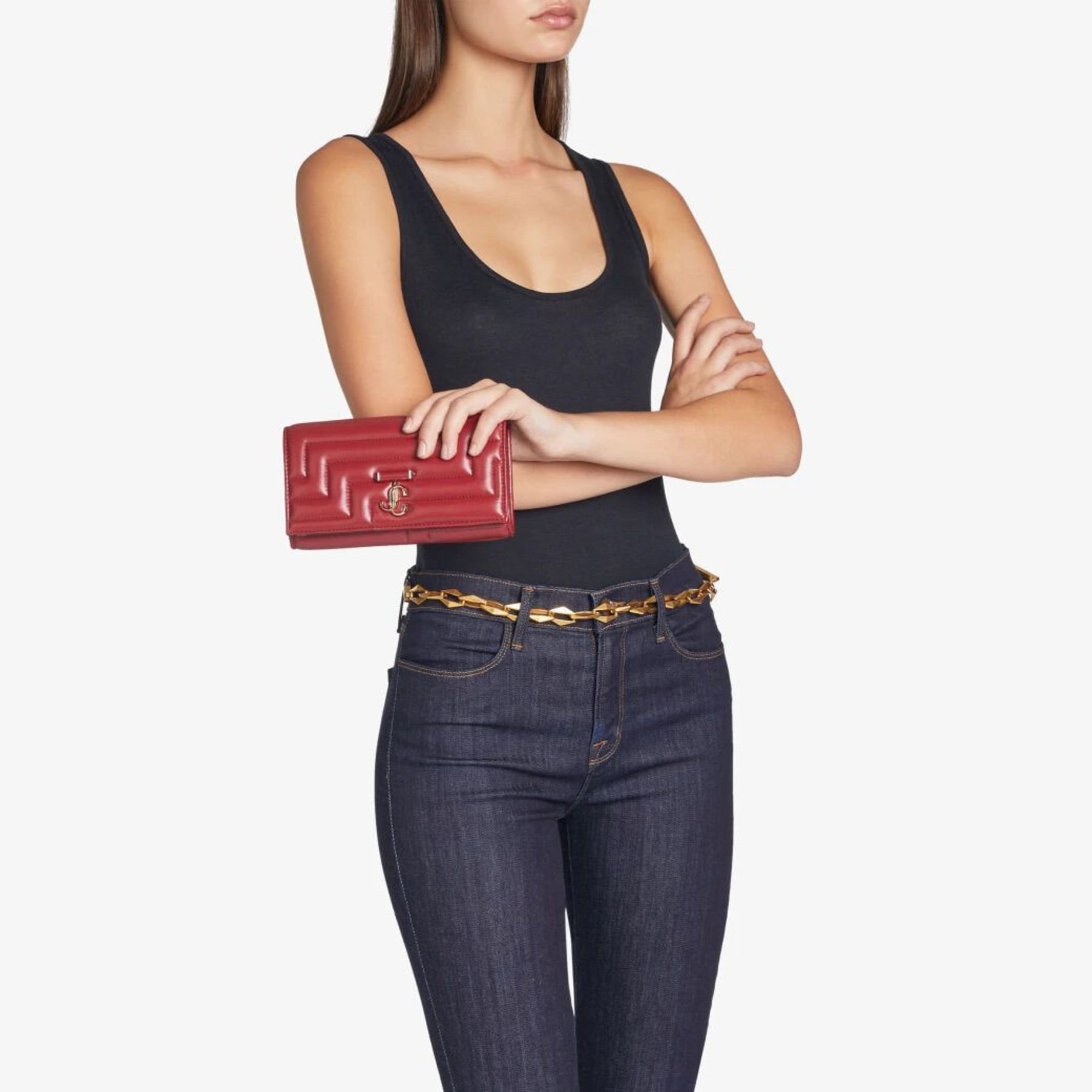 DIAMOND CHAIN BELT S Black Leather Chain Belt Autumn