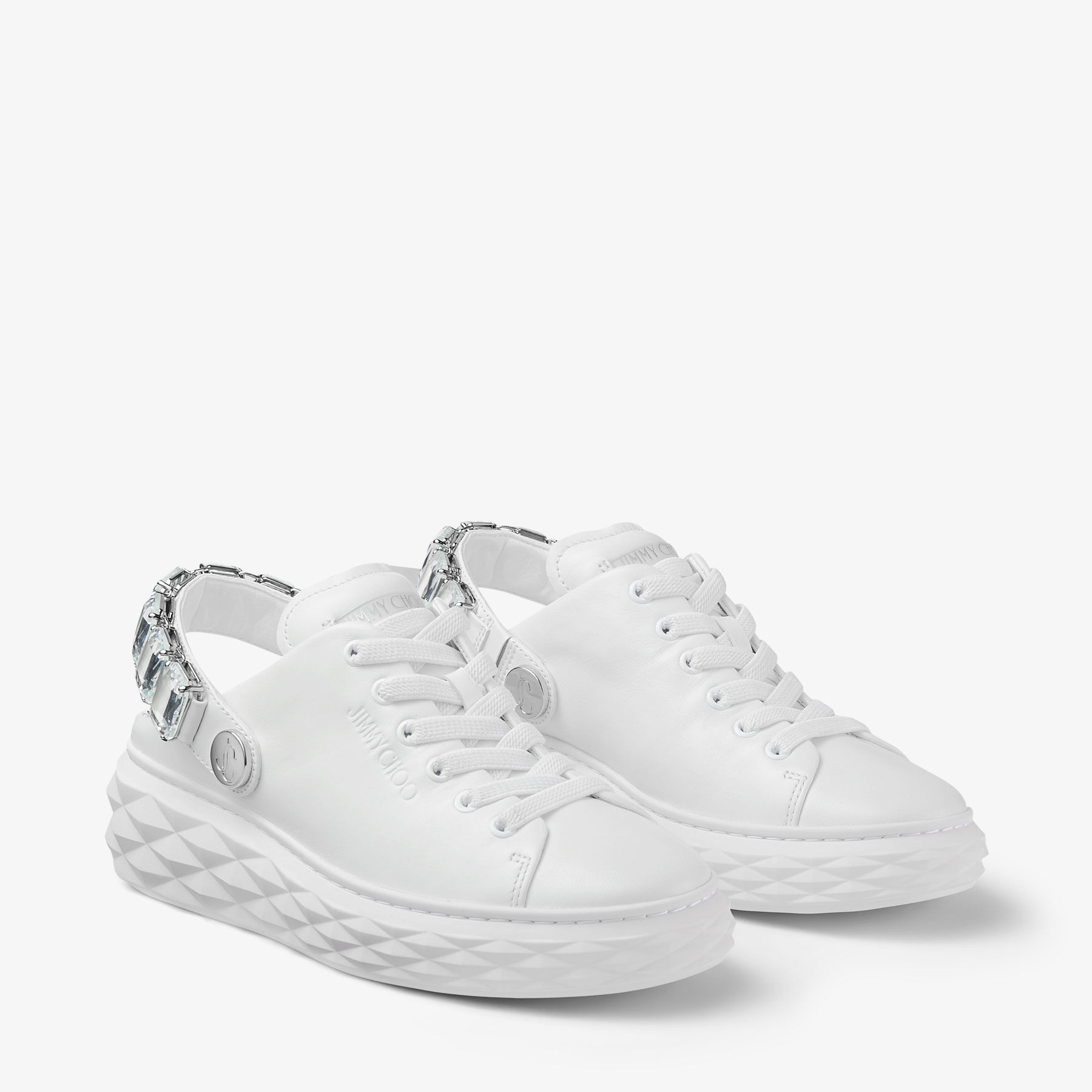 Diamond Sling White Nappa Leather Slipper Trainers with Crystal